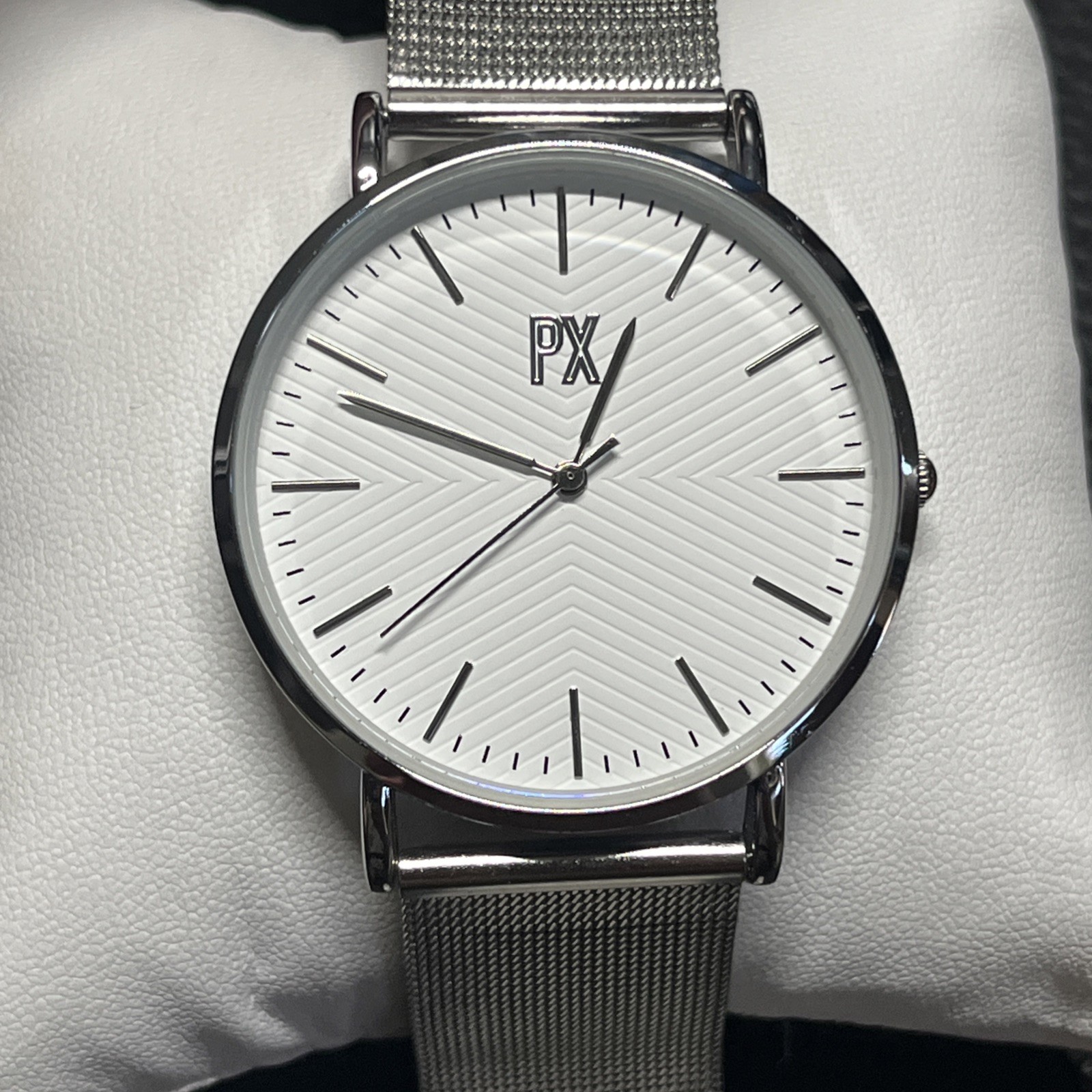 PX Premium Xpression White Dial Watch, Metal Mesh Band Stainless New Battery Box