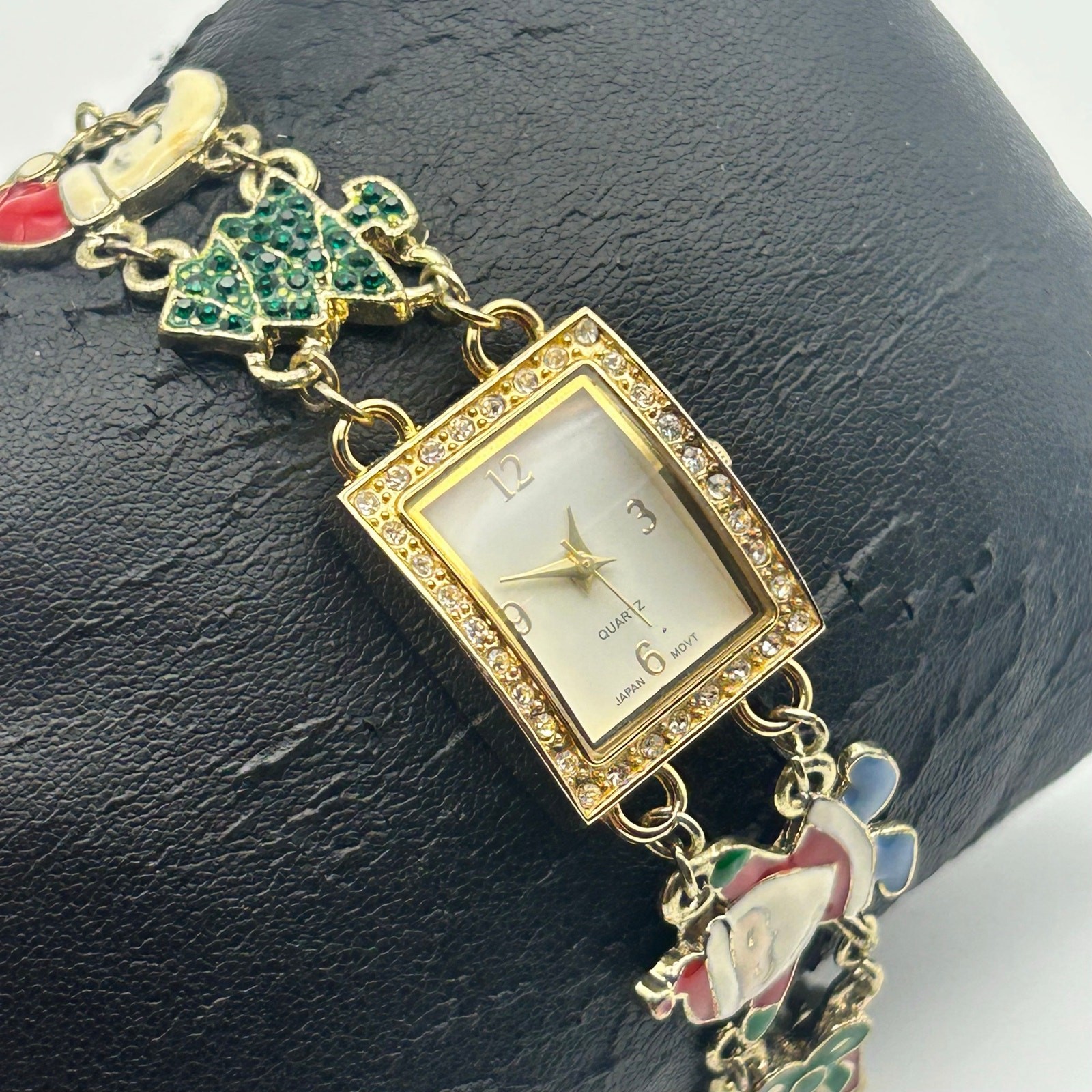 Christmas-themed Gold-tone Charm Bracelet Watch Working New Battery