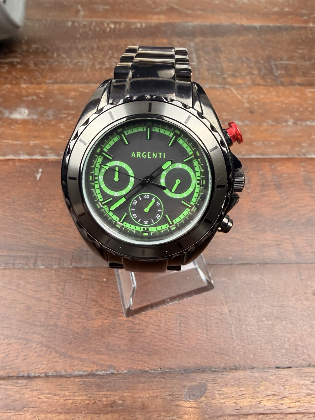 Argenti Mens Black Stainless Green Accents Chronograph Watch 42mm Mint