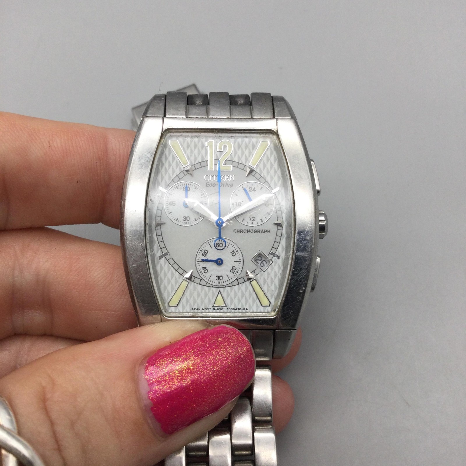 Citizen Eco-Drive Chronograph Mens Watch 32mm Silver Tone Stainless BROKEN BAND