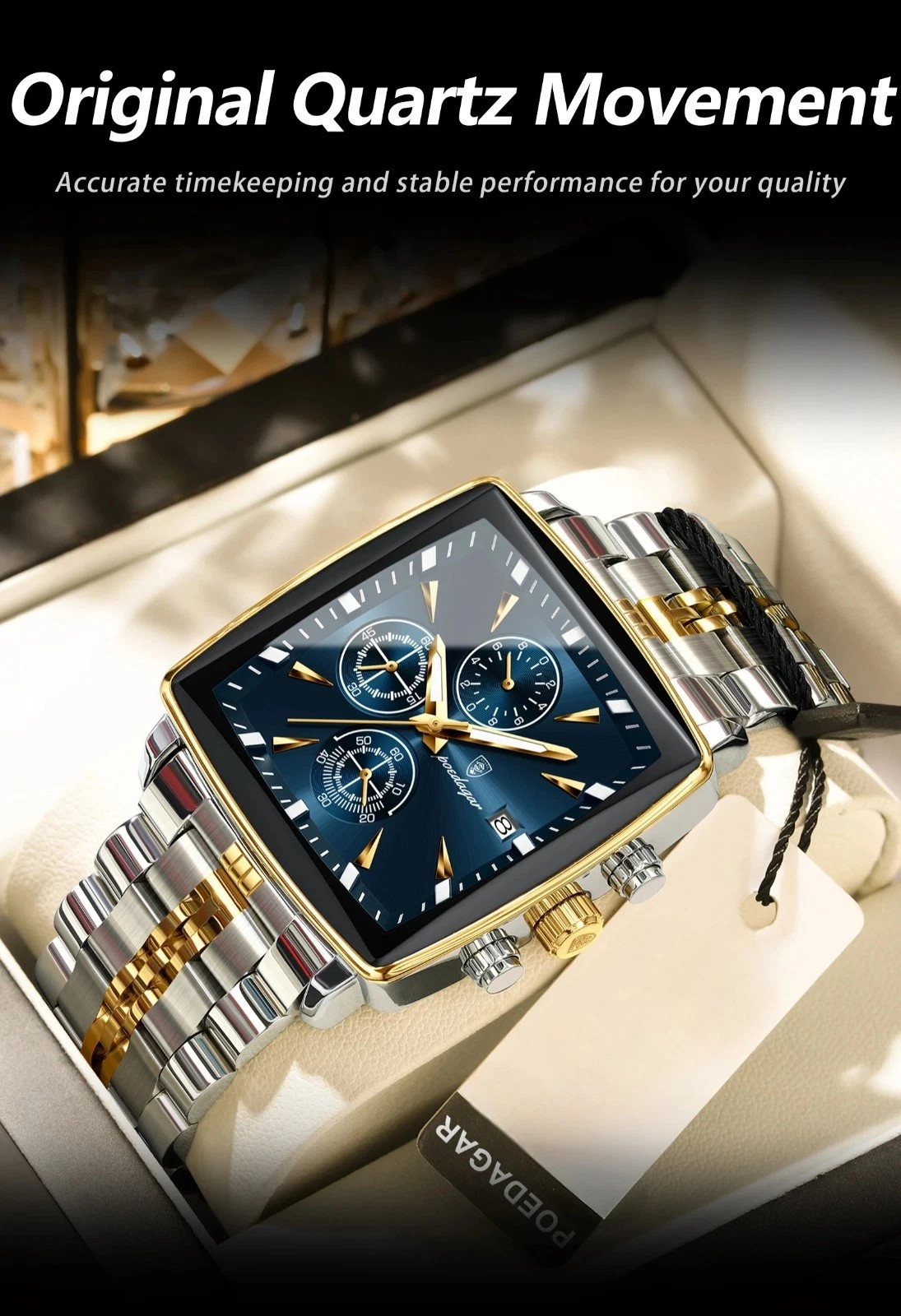 Luxury Men’s Watch Square Stainless Steel Waterproof Luminous Chrono