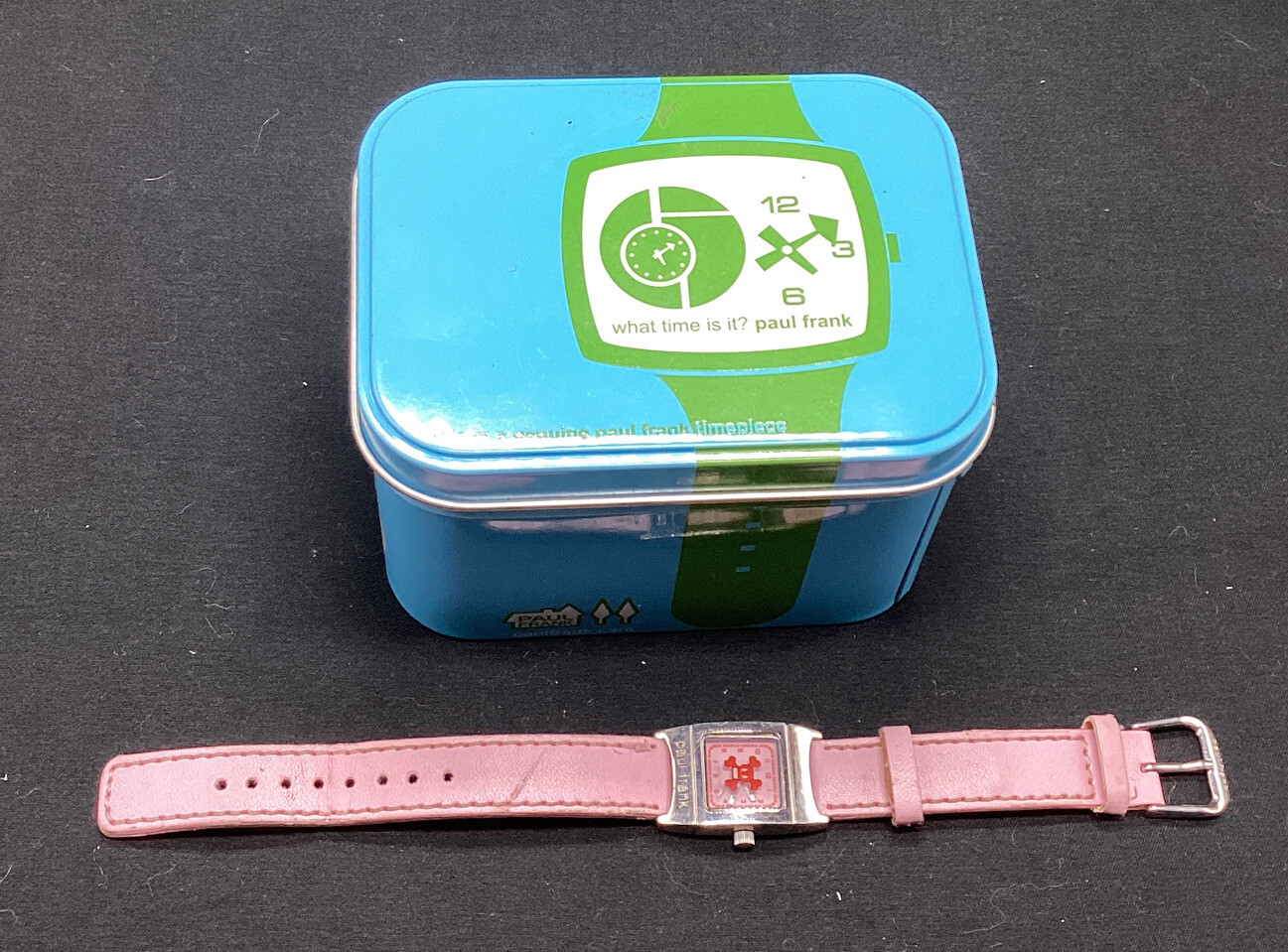 PAUL FRANK Pink & Red Watch “SKULL CROSSBONES” WHAT TIME IS IT? 2004 w/ tin box