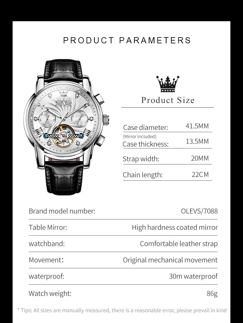 Automatic Mechanical Waterproof Watch Luxury Dial Leather Men Men’s Strap