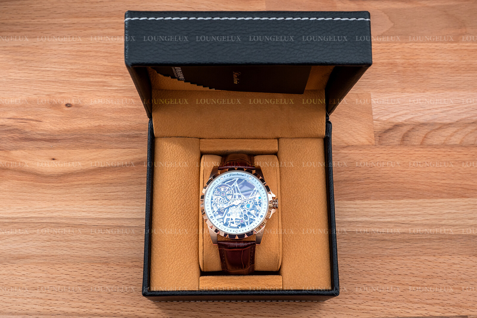 Mens Luxury Skeleton Automatic Mechanical Watch – Rose Gold White Dial Leather