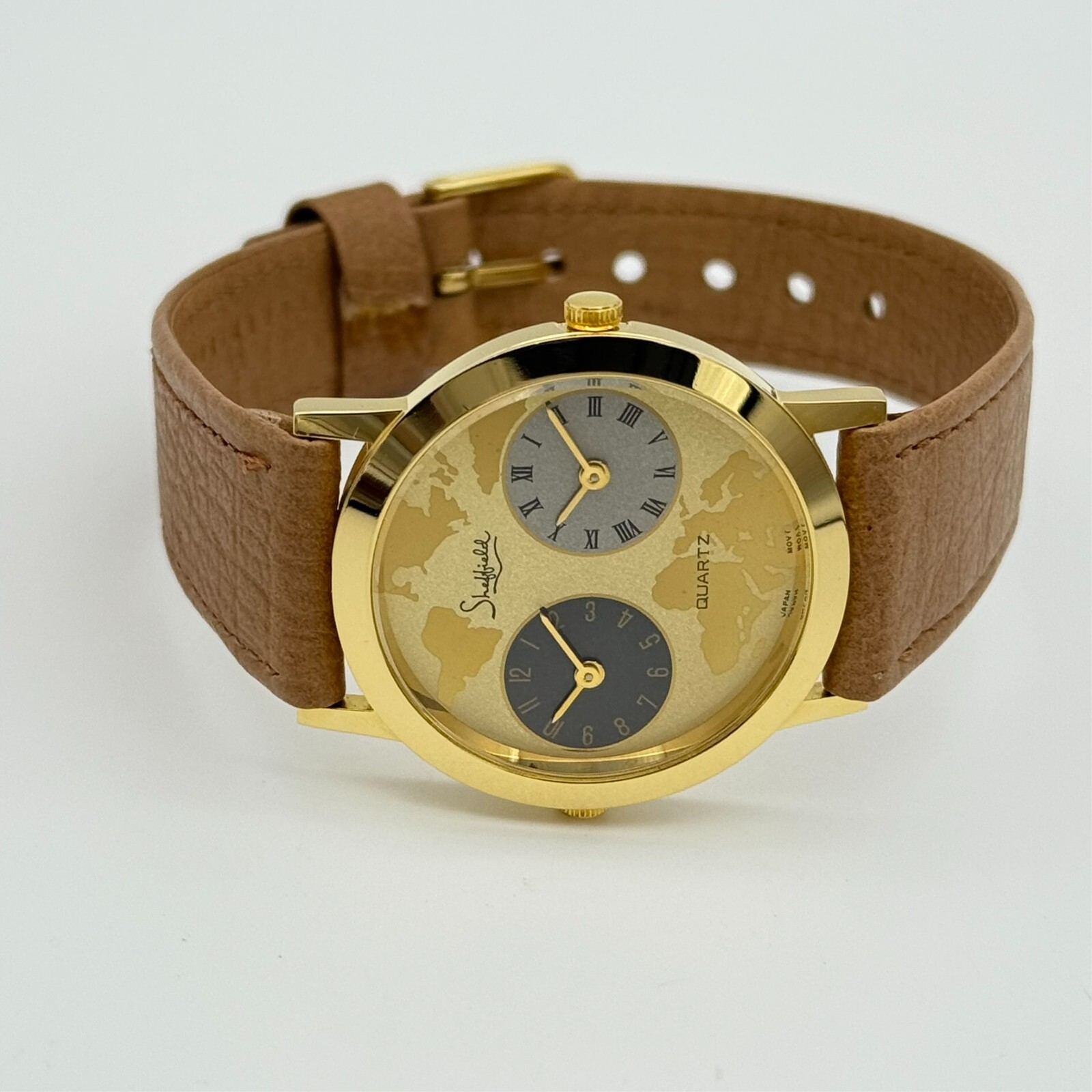 Vintage 1990s Women’s SHEFFIELD Gold Tone Dual/World Time Watch, Excellent, 32mm