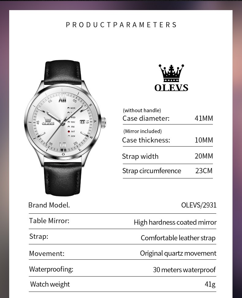 OLEVS Leather Band Quartz Men’s Wrist Watch Day Date Luminous Hands Waterproof