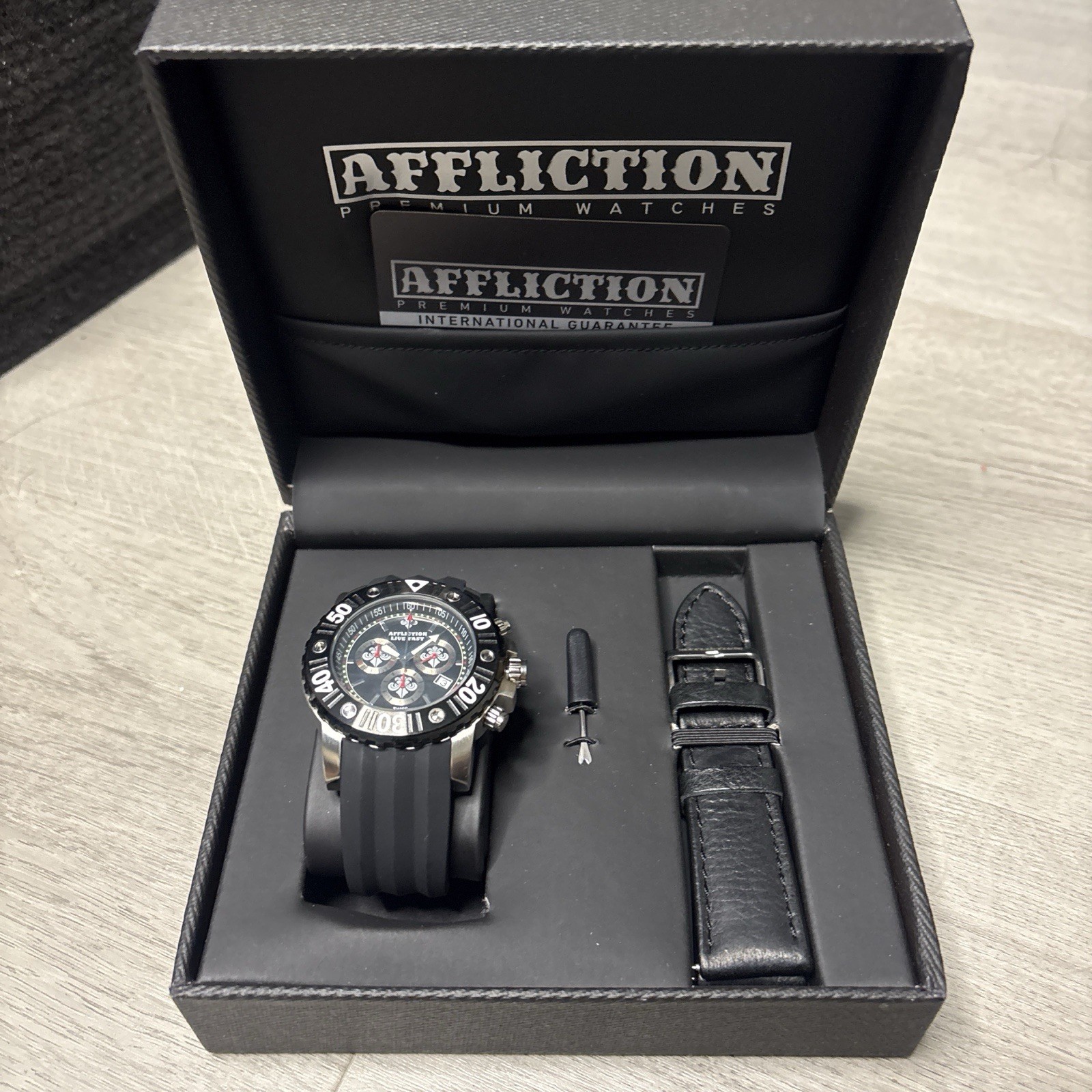 Black Affliction Vintage 2009 Leather Men’s Swiss Watch NEW