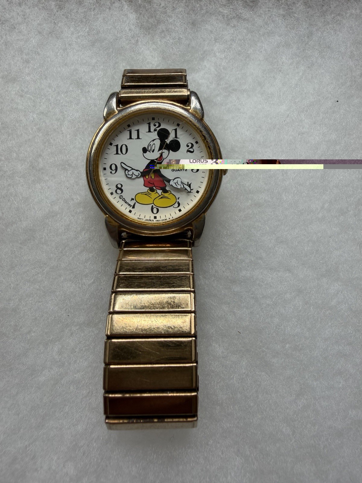 Lorus Quartz Mickey Mouse Cartoon Dial Gold Tone Metal Bracelet Watch 30m