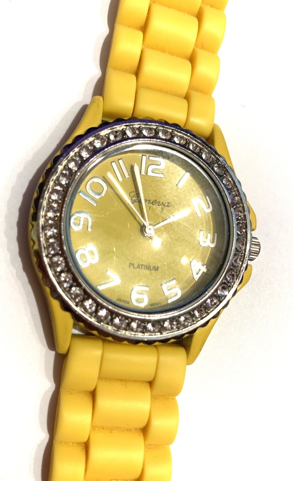 GENEVA Platinum Watch Yellow Rubber Band Silver Case Crystals NOS New Battery