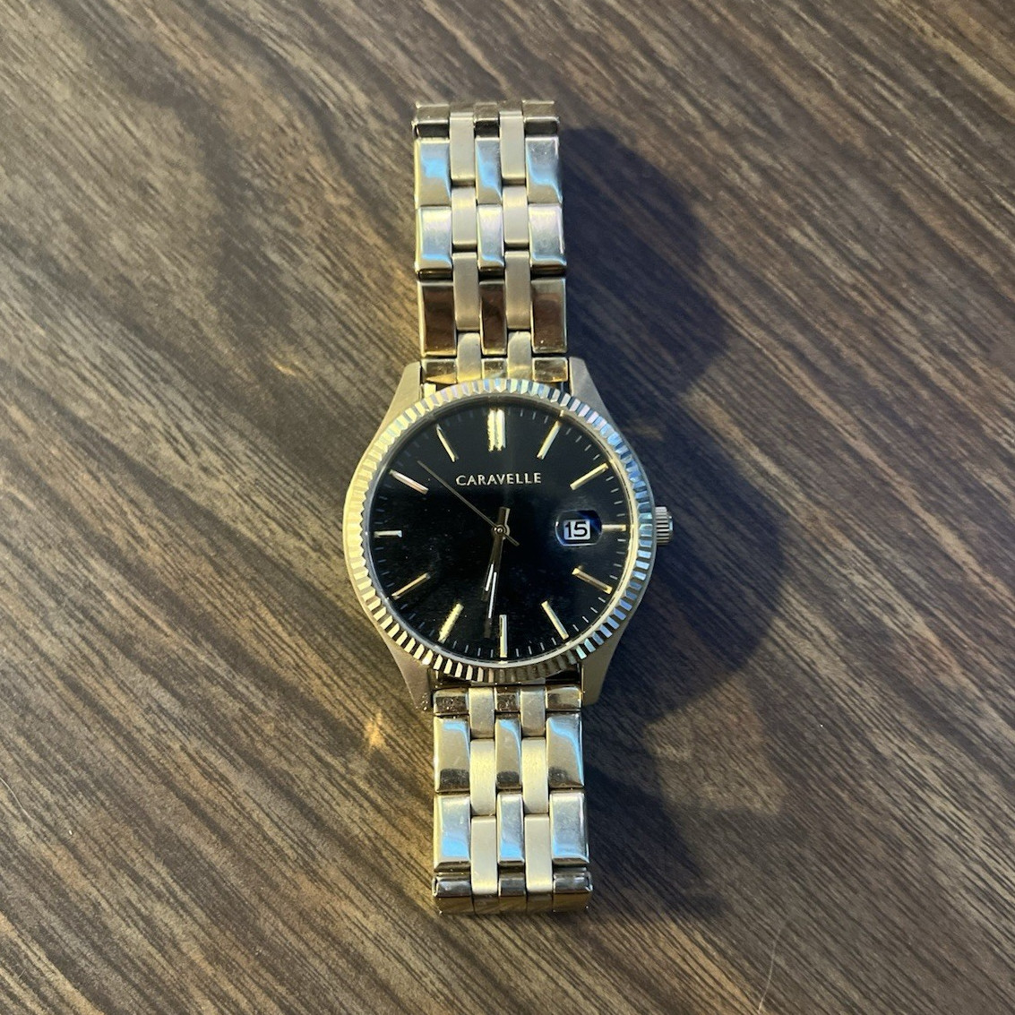 Caravelle Men’s Quartz Wristwatch Black Dial Date Silver Stainless Bracelet