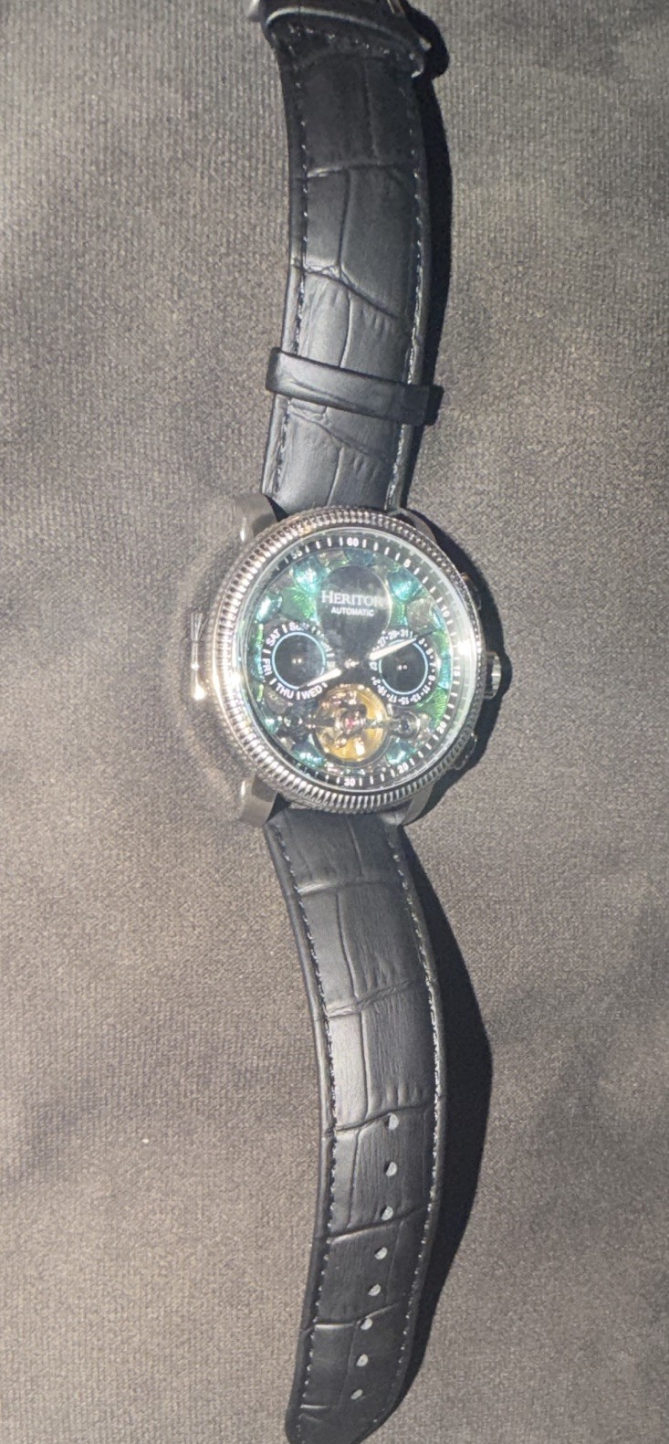 Heritor Automatic Men’s Skeleton Watch 45mm Green Dial Black Leather Day/Date