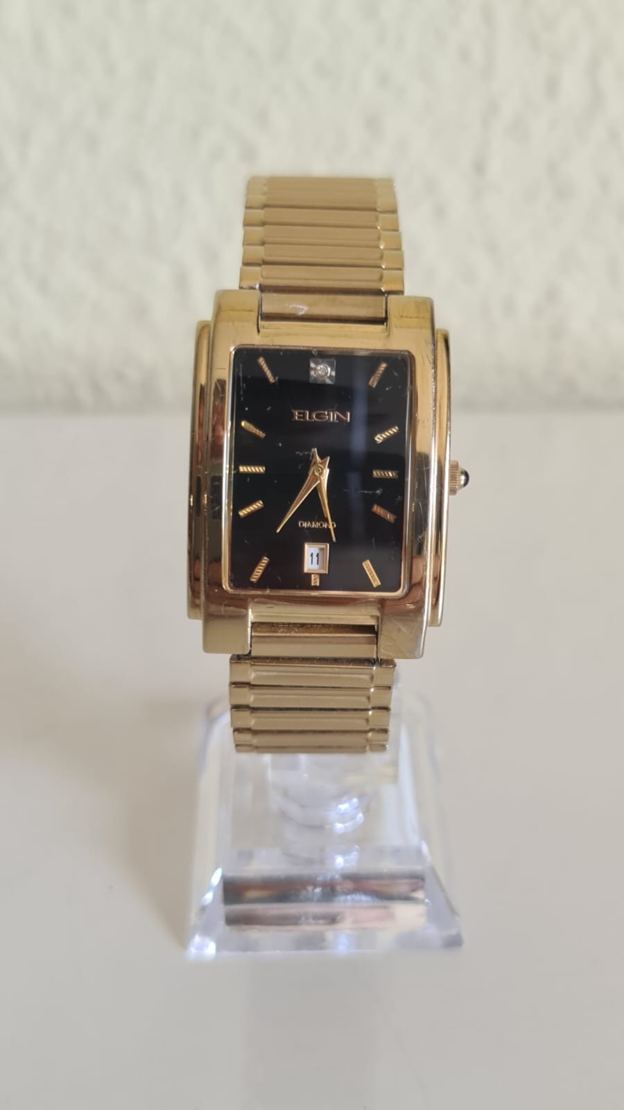 Elgin Men’s Unisex Quartz Watch Rectangular Gold Tone Black Dial Diamond Date