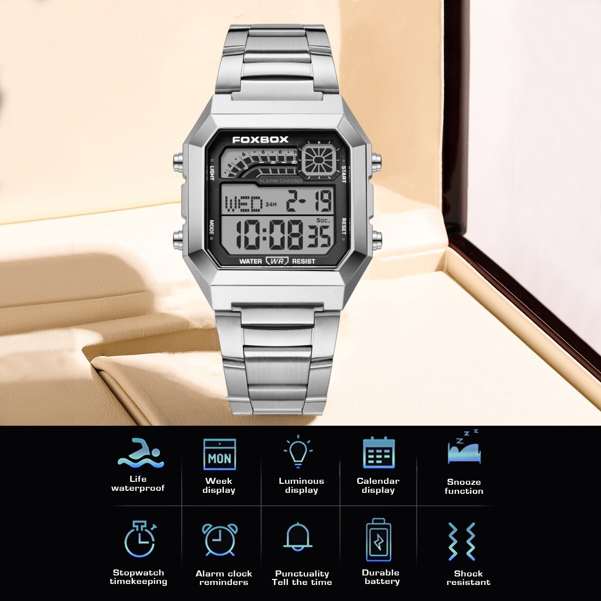 Mens Business Stainless Steel Digital Waterproof Luminous With Date Wrist Watch