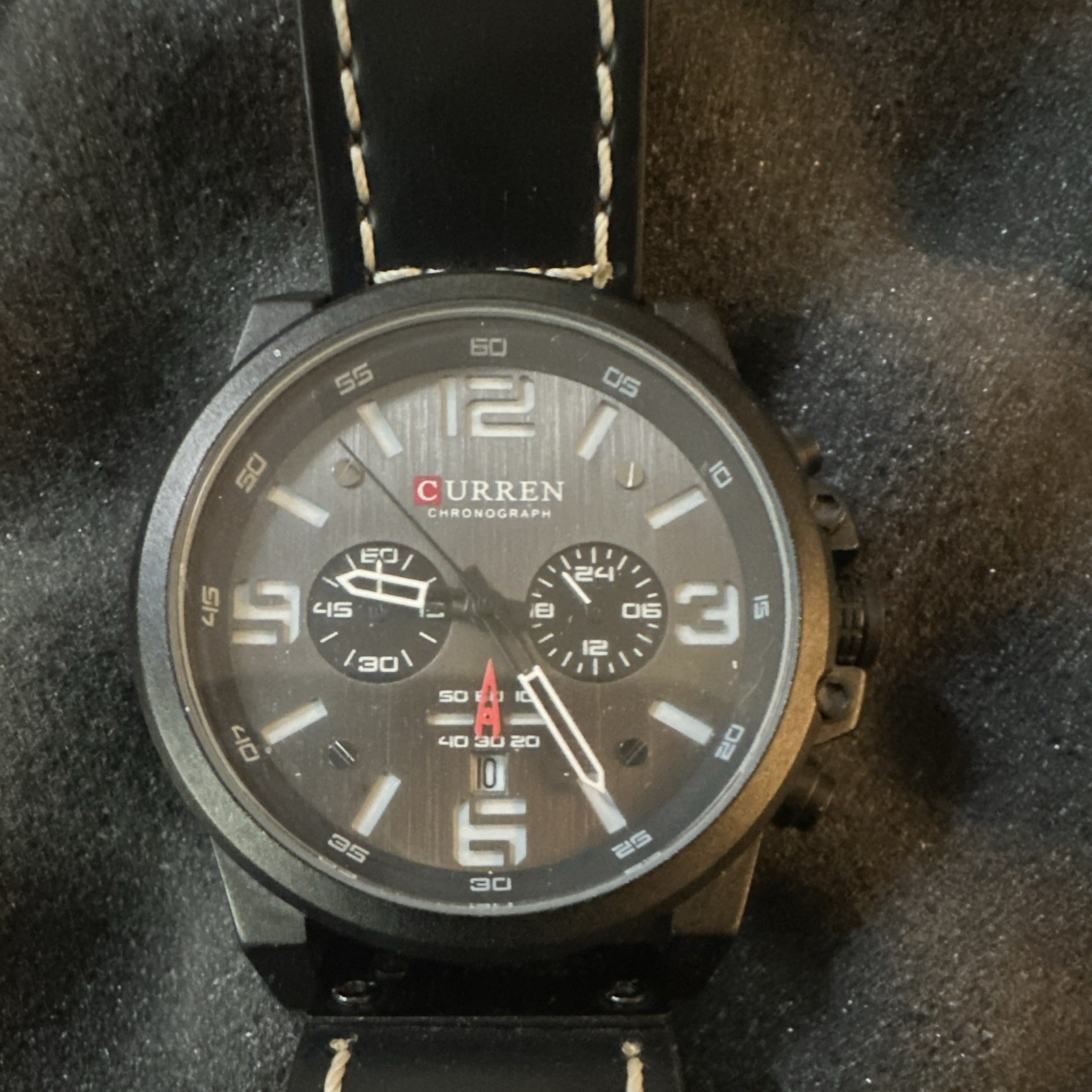 CURREN Men’s Quartz Chronograph 24-Hour Black Dial Black Leather Wristwatch