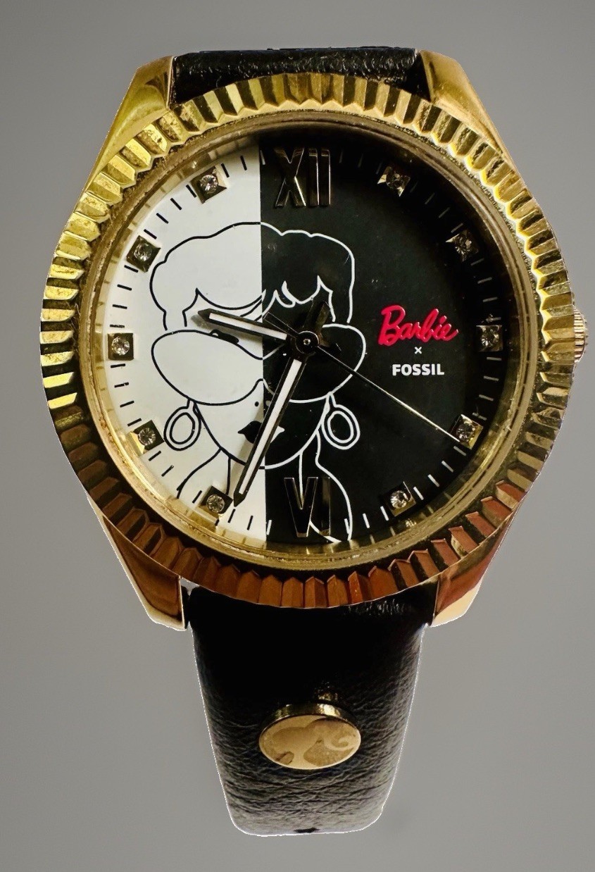 FOSSIL X BARBIE WATCH Limited Edition SPLIT DIAL Gold Tone Case, Black Leather