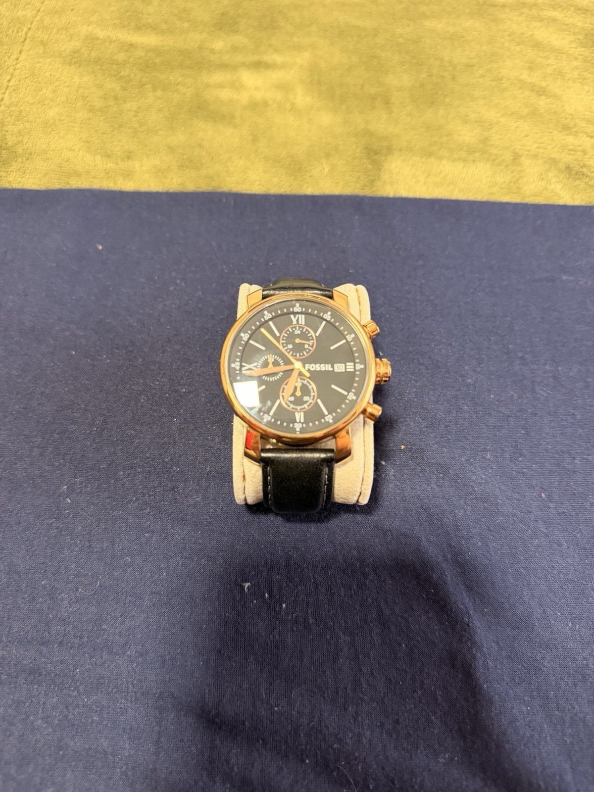 Fossil Black Rose Gold Dial Leather Strap Unisex Watch Chronograph 40MM