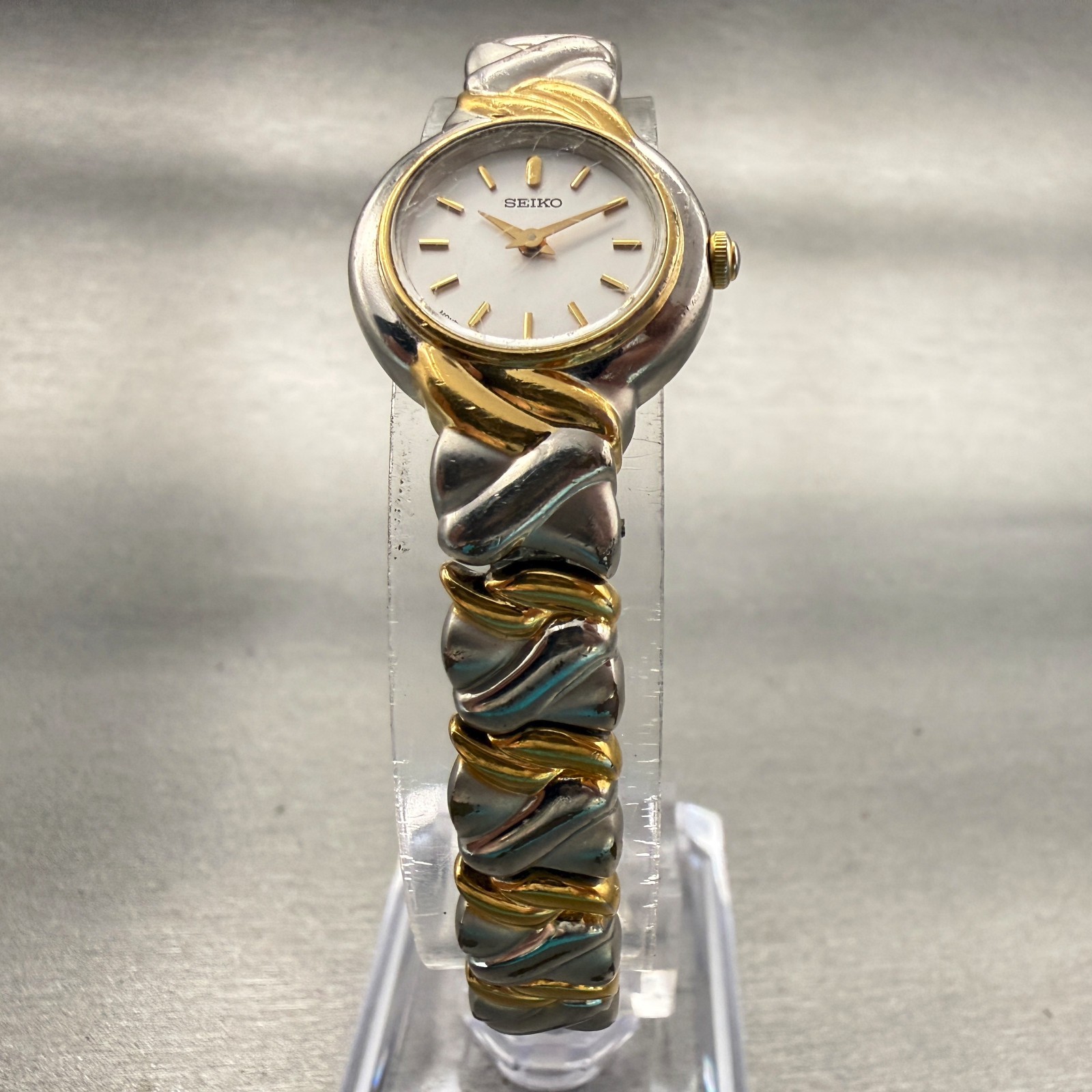 Seiko Watch Women 19mm White Dial Two Tone Round 1N00-1H40 New Battery Vintage