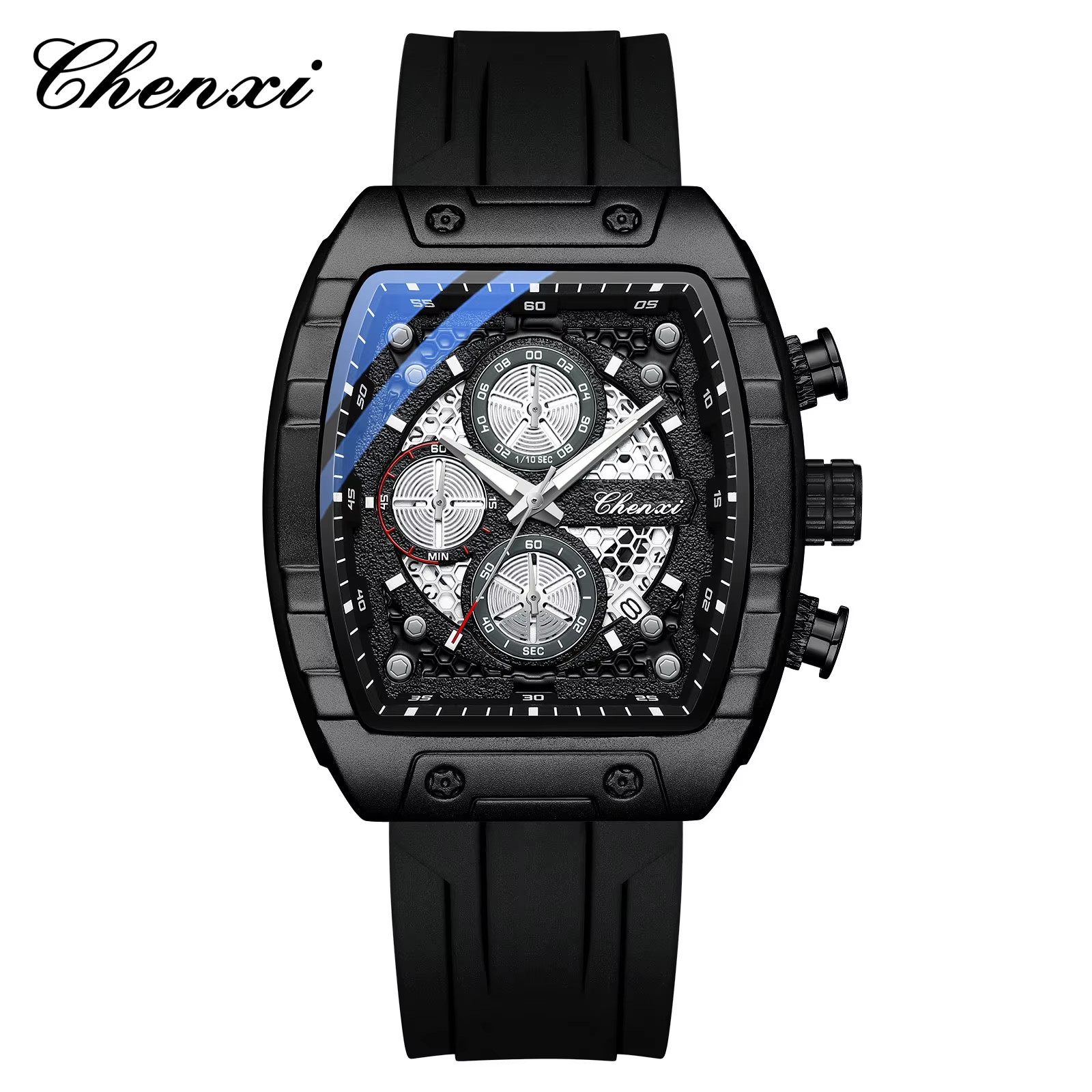 CHENXI Men’s Tonneau Black Silicone Chronograph Calendar Luminous Quartz Watch