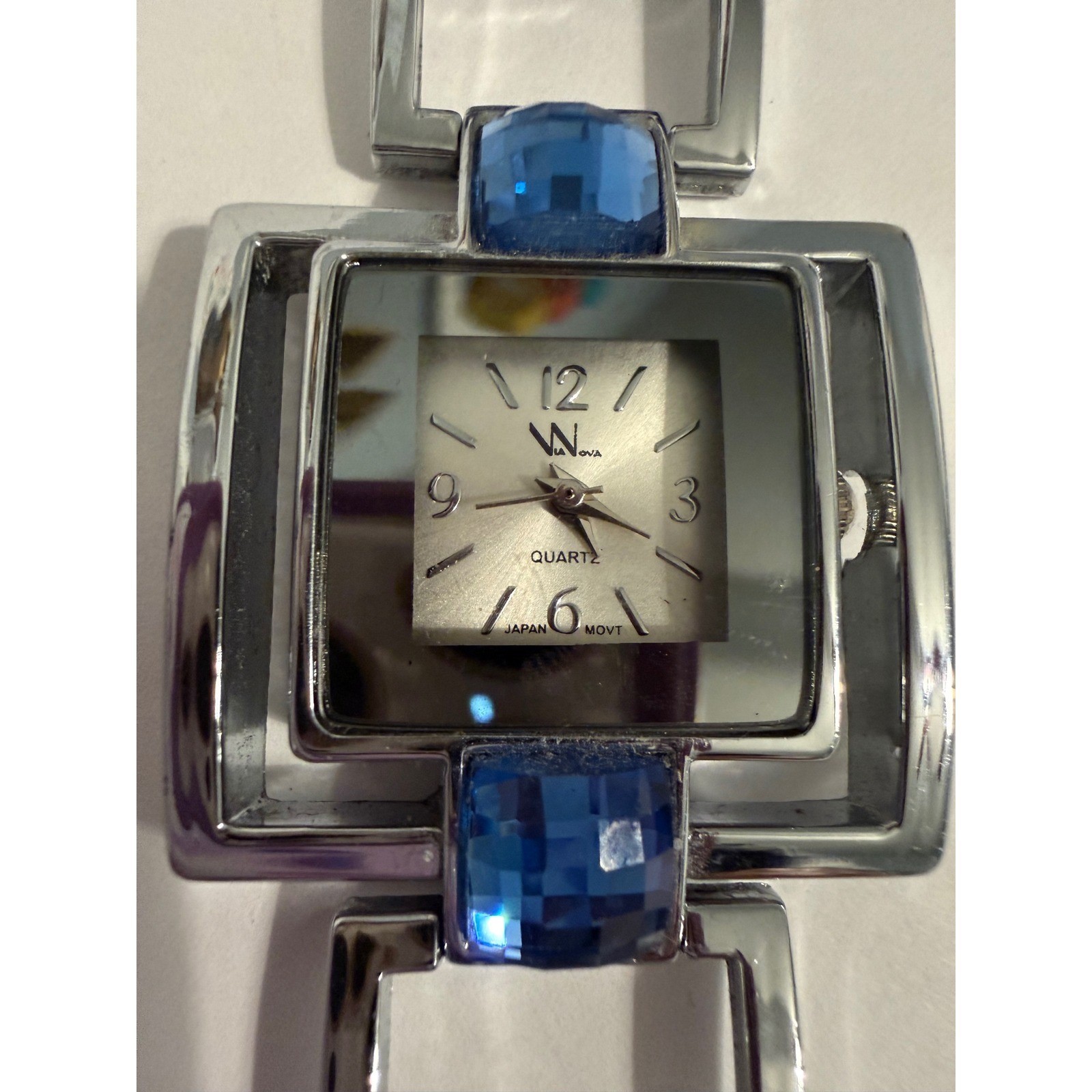 Via Nova Women’s Quartz Watch Silver Tone Blue Stone Square Mirror Dial Japan