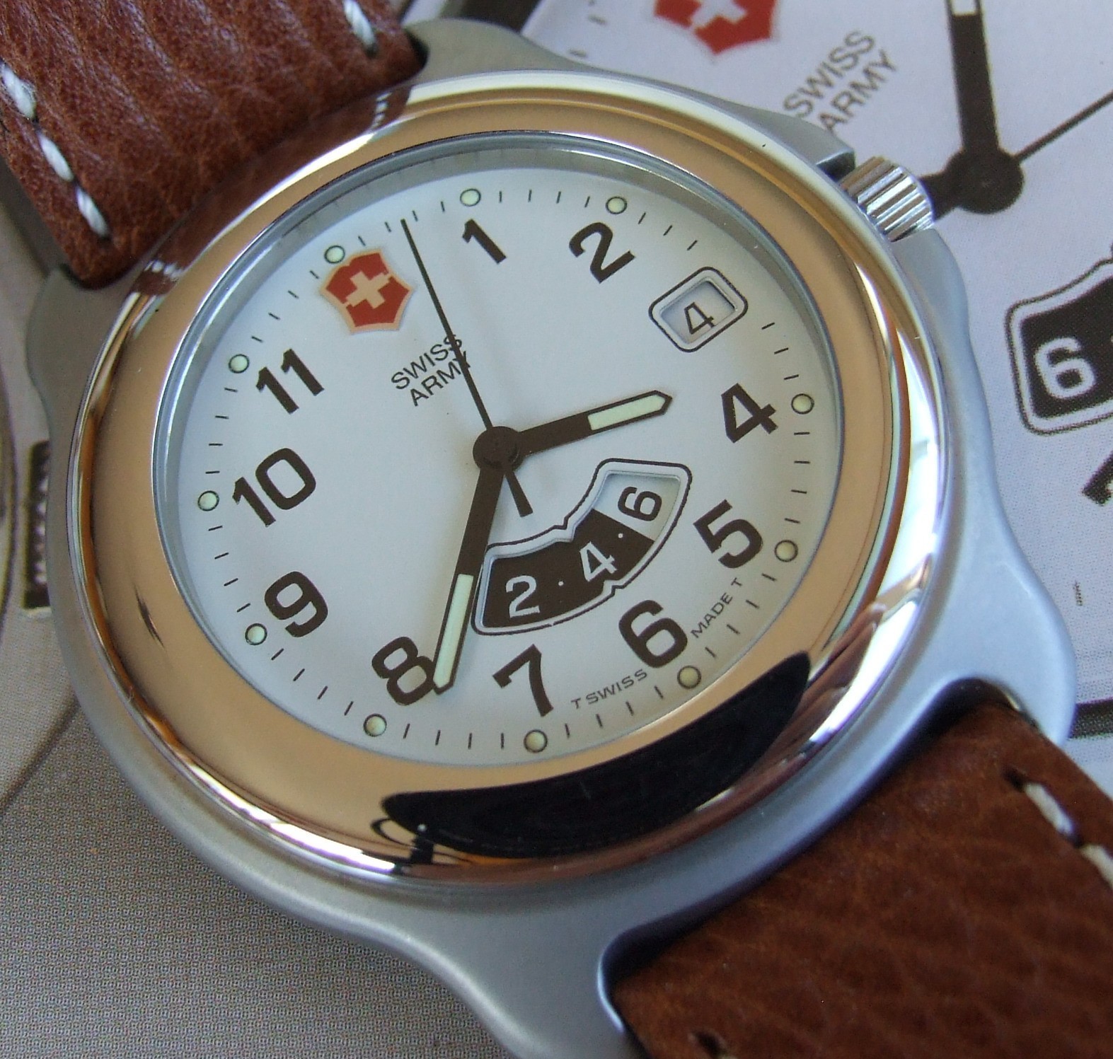 RARE NOS SWISS ARMY+Mens ClaSSiC OFFICERS 1884 DUAL TIME GMT+Cream Dial=Full Set