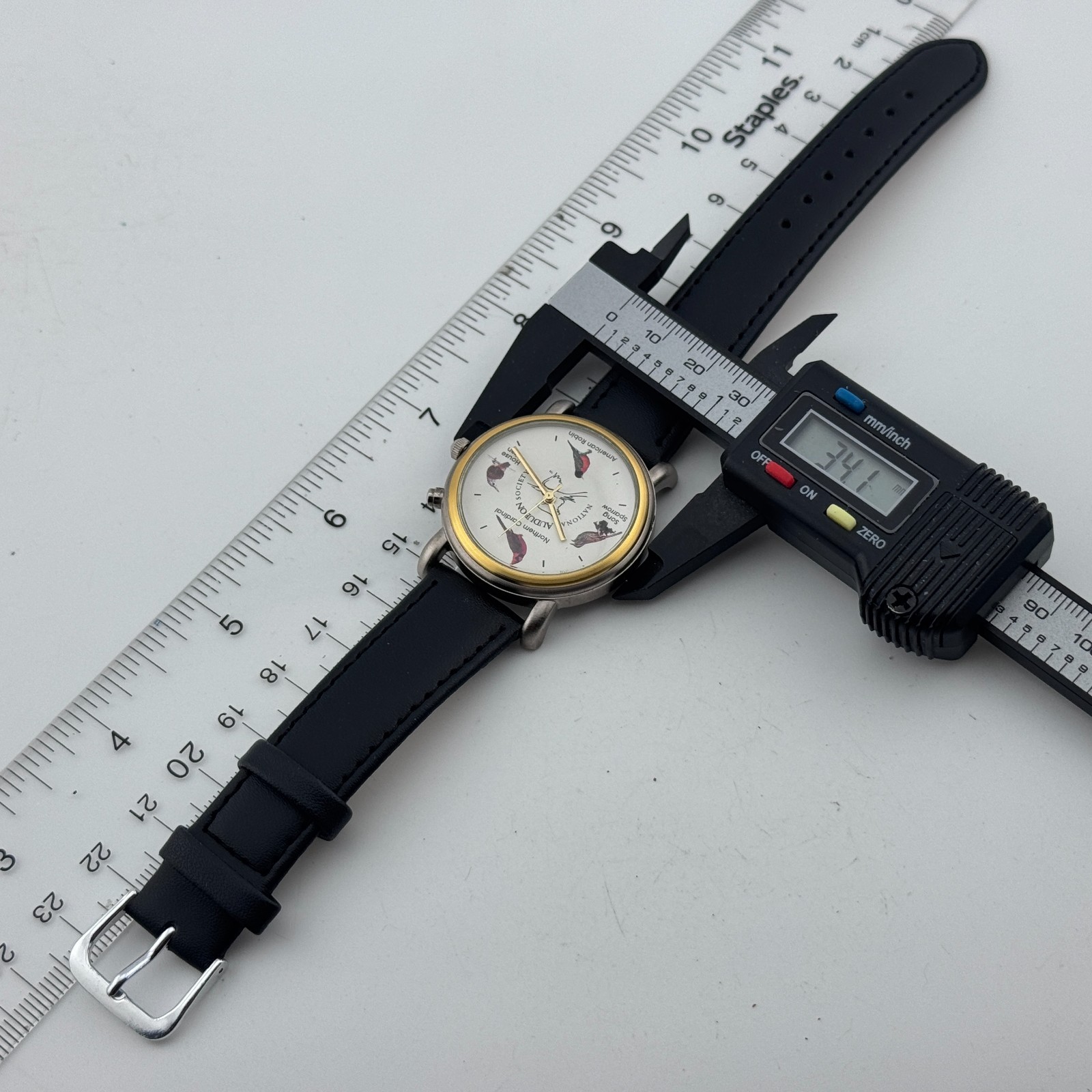 Nat’l Audubon Quartz Watch Men Dual Tone Leather Playing Bird Sound New Battery