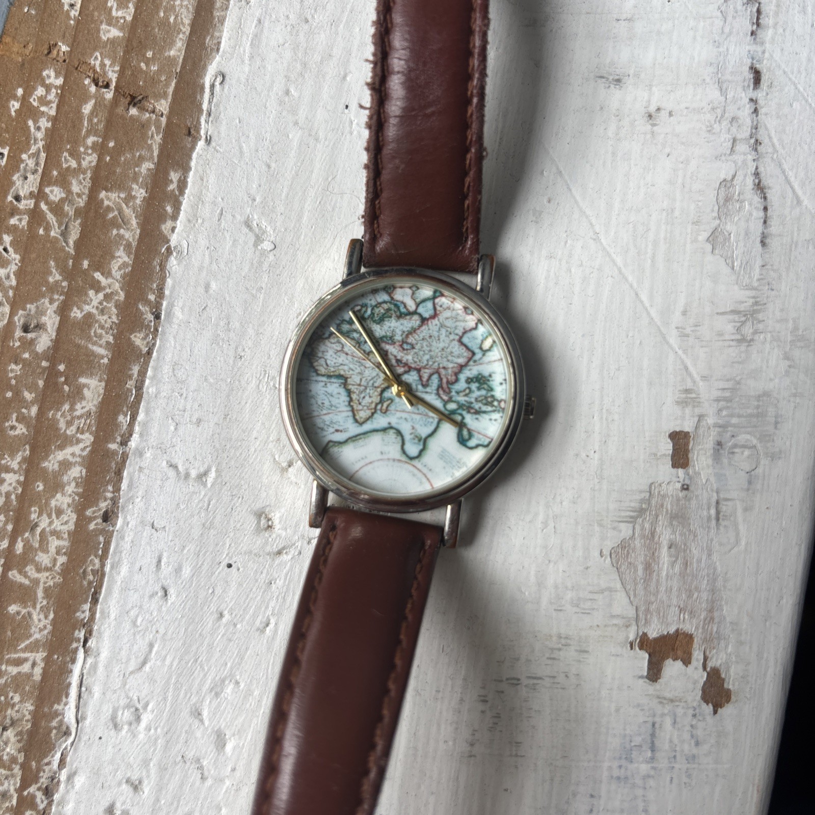 Womens Watch with World Map Face and Brown leather Strap