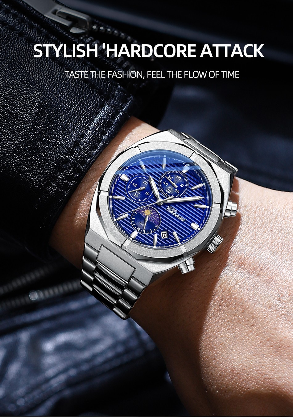 CHENXI Men’s Leather Chronograph Calendar Luminous Moon Phase Quartz Watch Gift