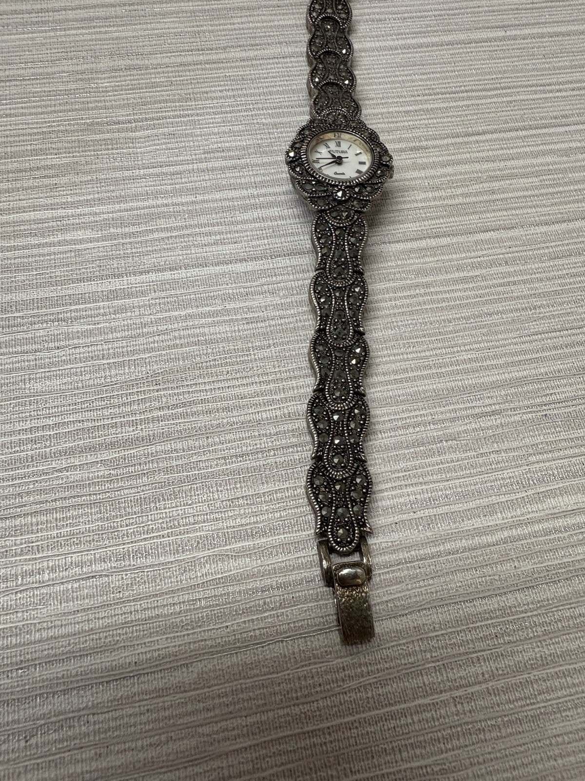 Futura Watch Women Silver Tone Marcasite Mother of Pearl Dial 7.5” Free Ship