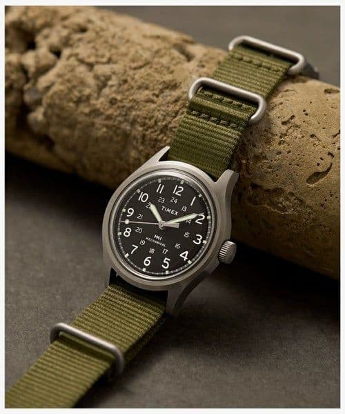 Timex MK1 Mechanical Watch Black Dial Olive Nylon Strap Unused Military Style
