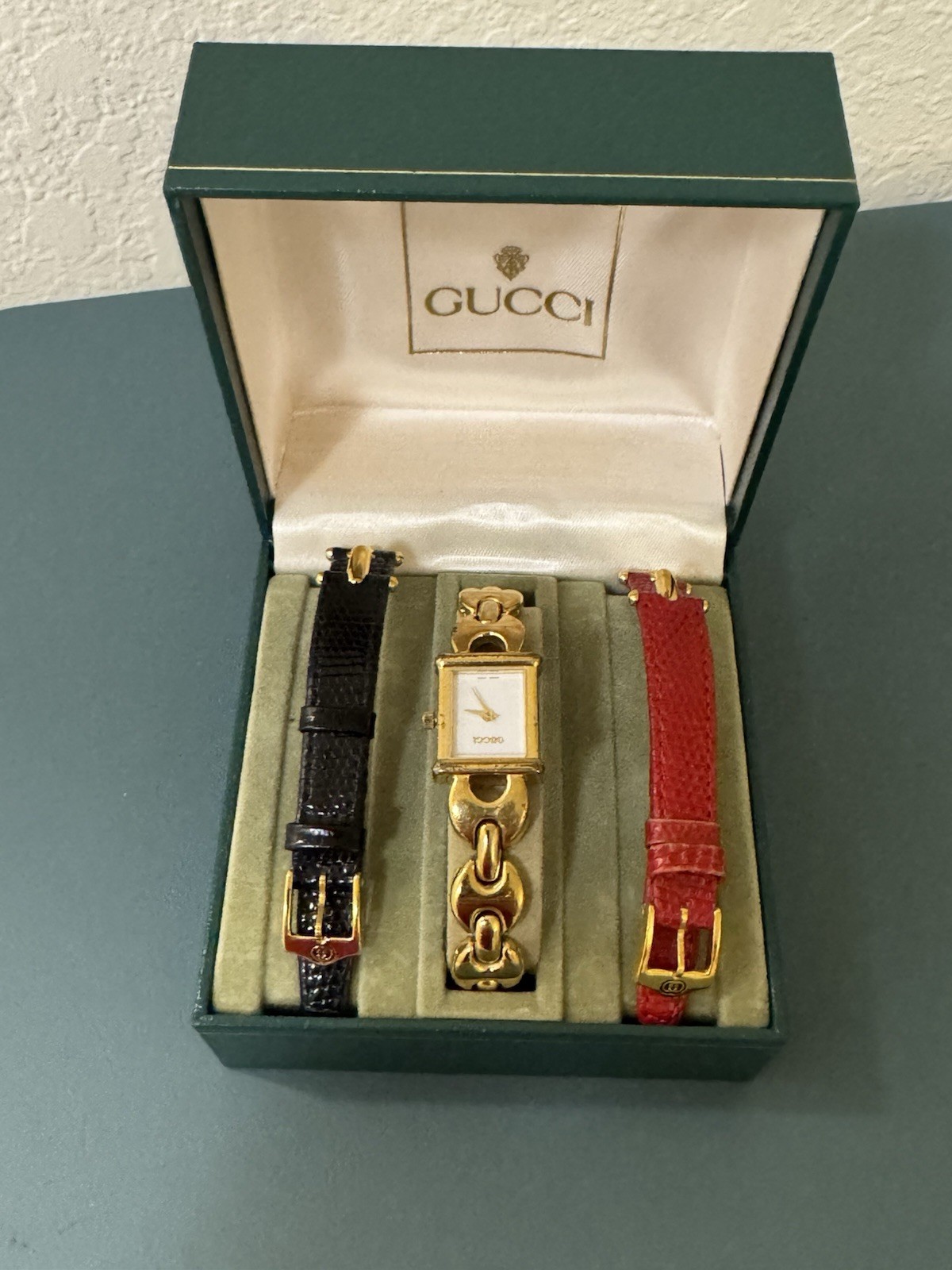 Gucci Change Belt Swiss Made Quartz Rectangle Watch w/ Box, Black/Red Straps