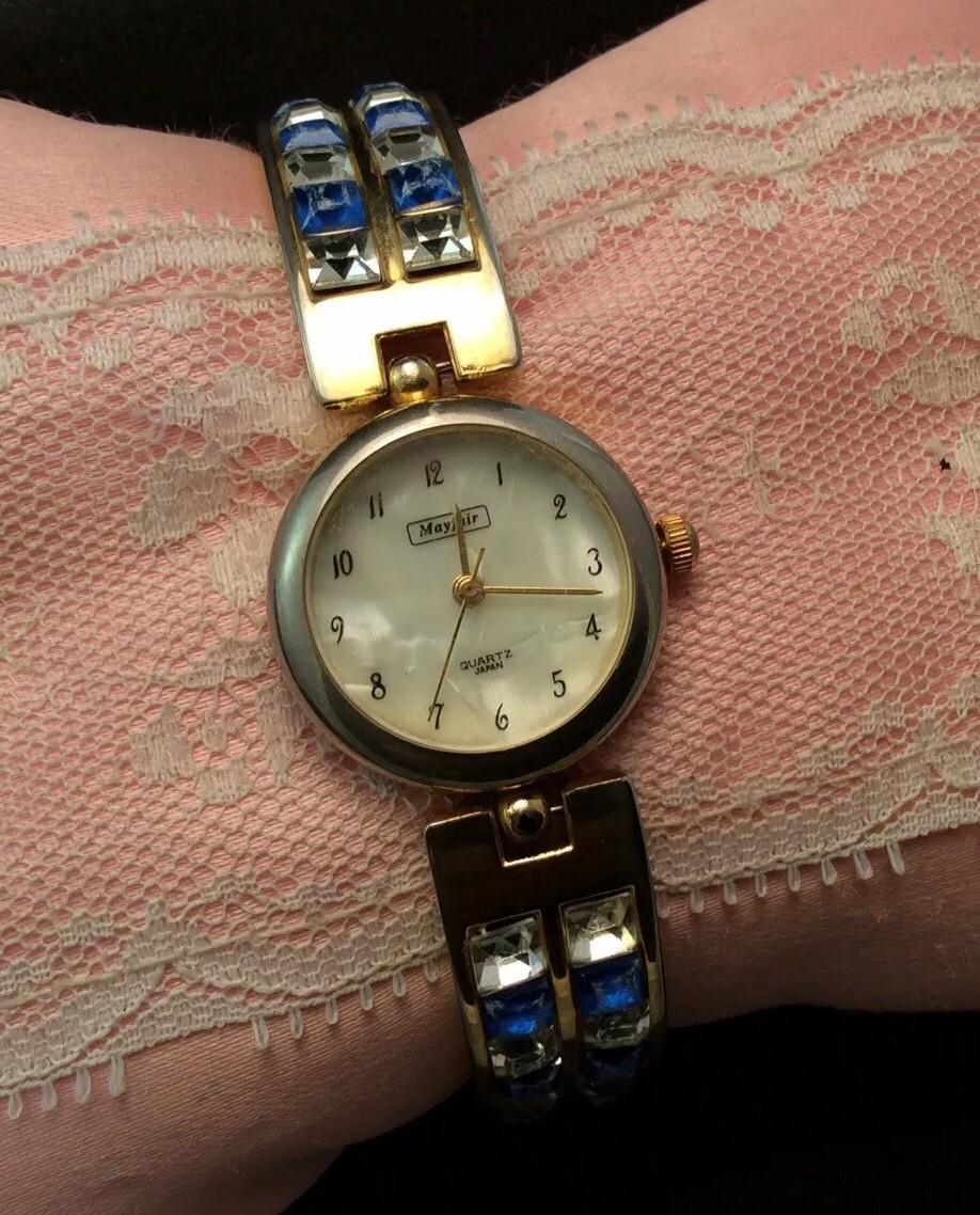 MAYFAIR Accutime Ladies Gold Tone Bracelet Link Watch With Blue Crystals Works