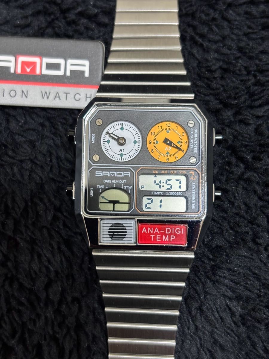 SANDA Digital Analog Temperature Watch Stainless Steel Men’s