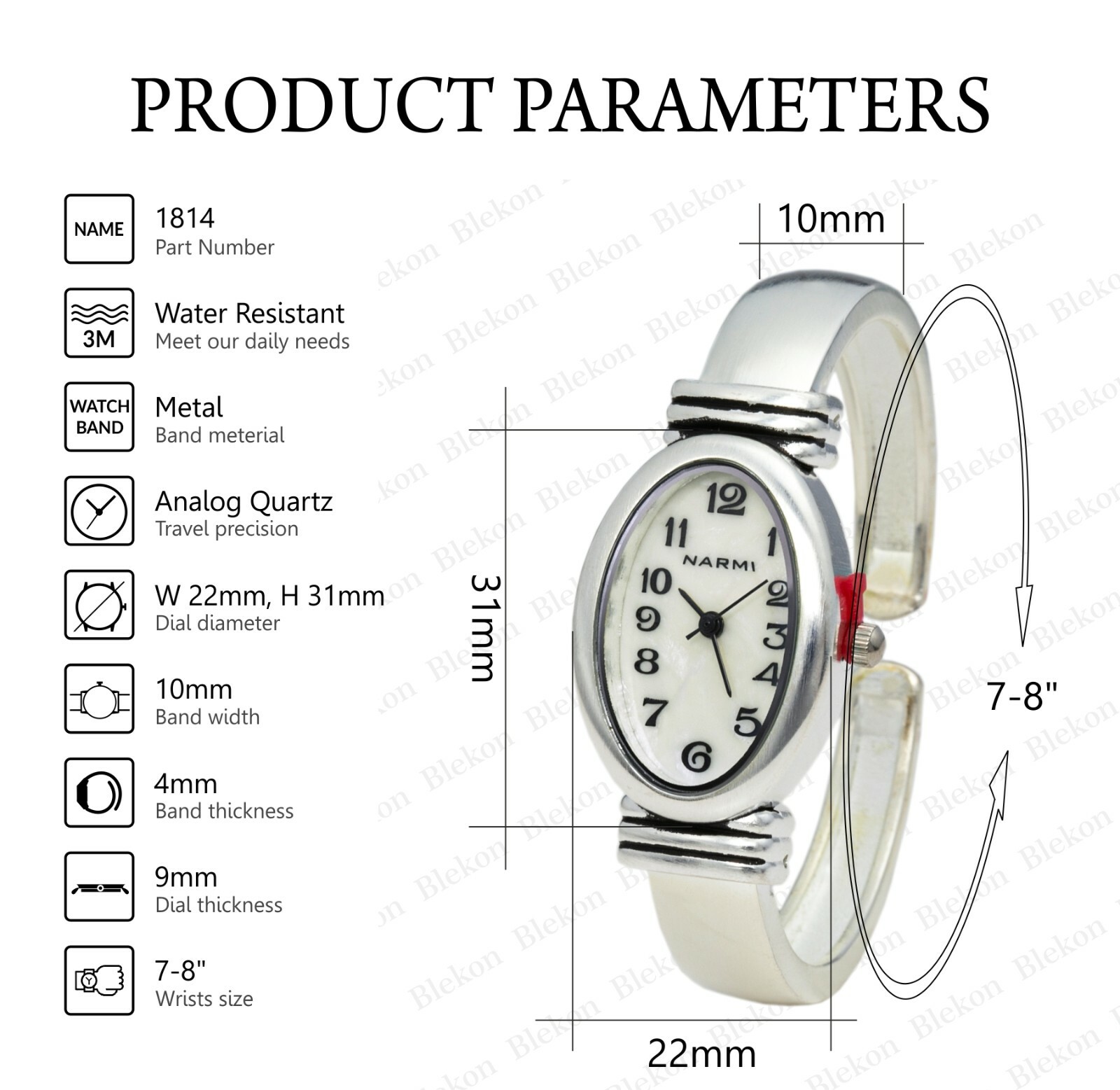 Blekon Collections Women’s 22mm Oval Case Brushed Silver Bangle Cuff Watch