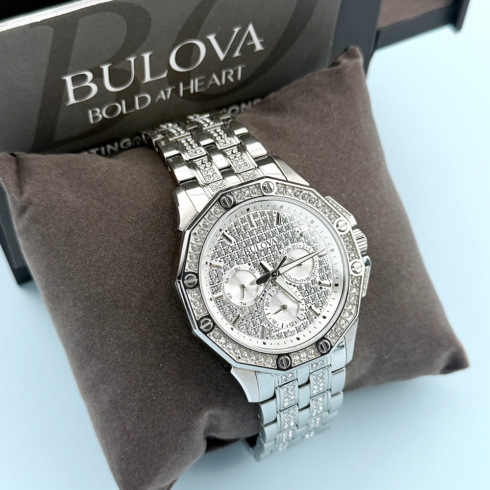 Men’s Bulova 96C134 Octava Crystal Chronograph Silver Dial Quartz Watch 41.5mm