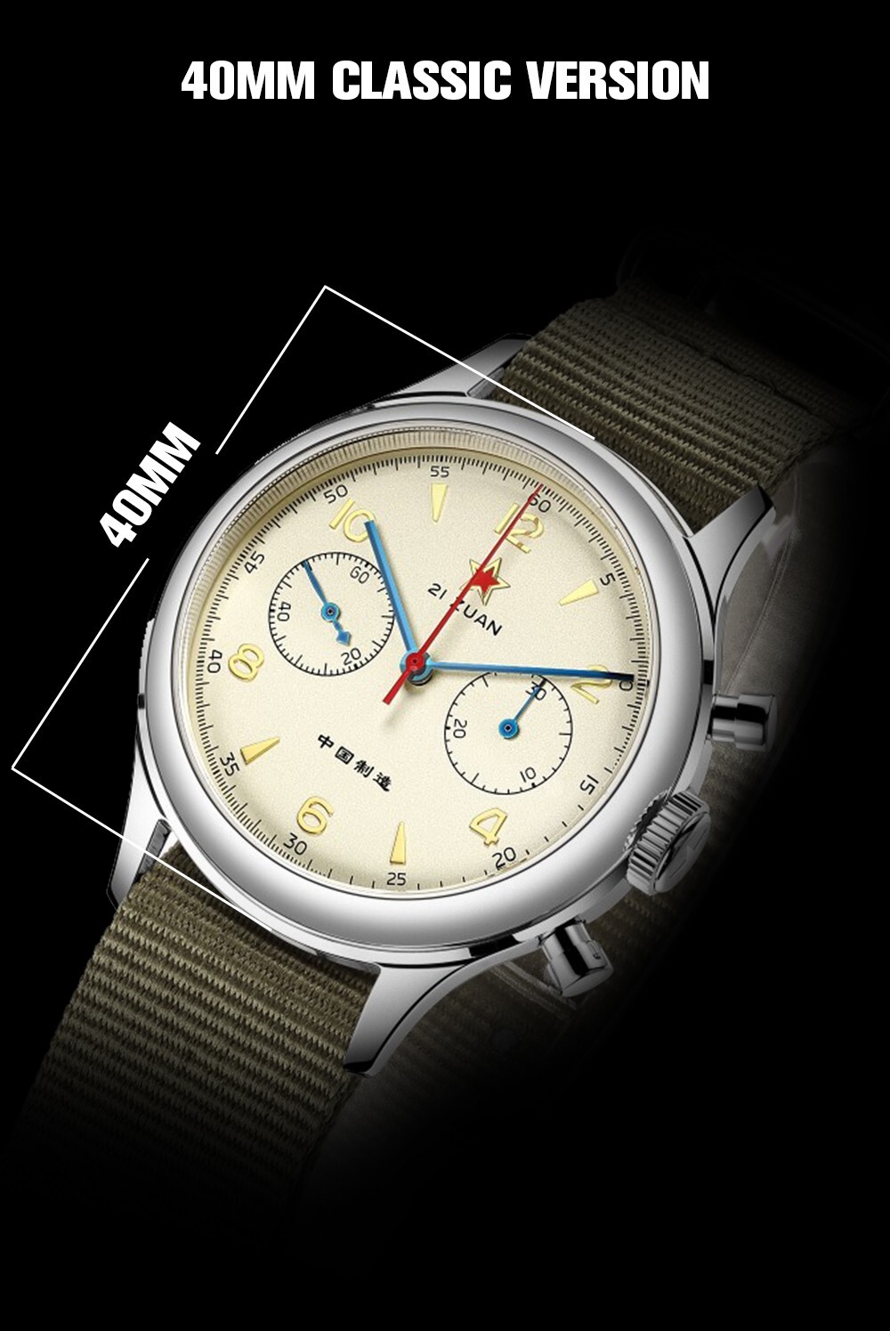 Men’s Vintage Mechanical Watch Sapphire Crystal Chronograph 40MM Dial Wristwatch