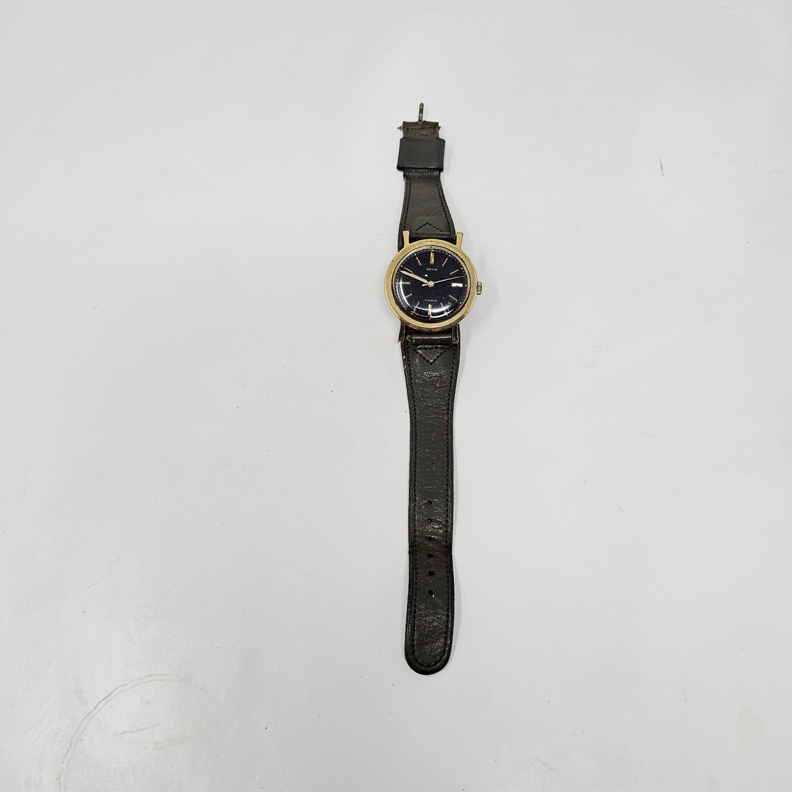 Vintage Orvin Men’s 17 Jewels Black Dial Leather Strap Watch Runs