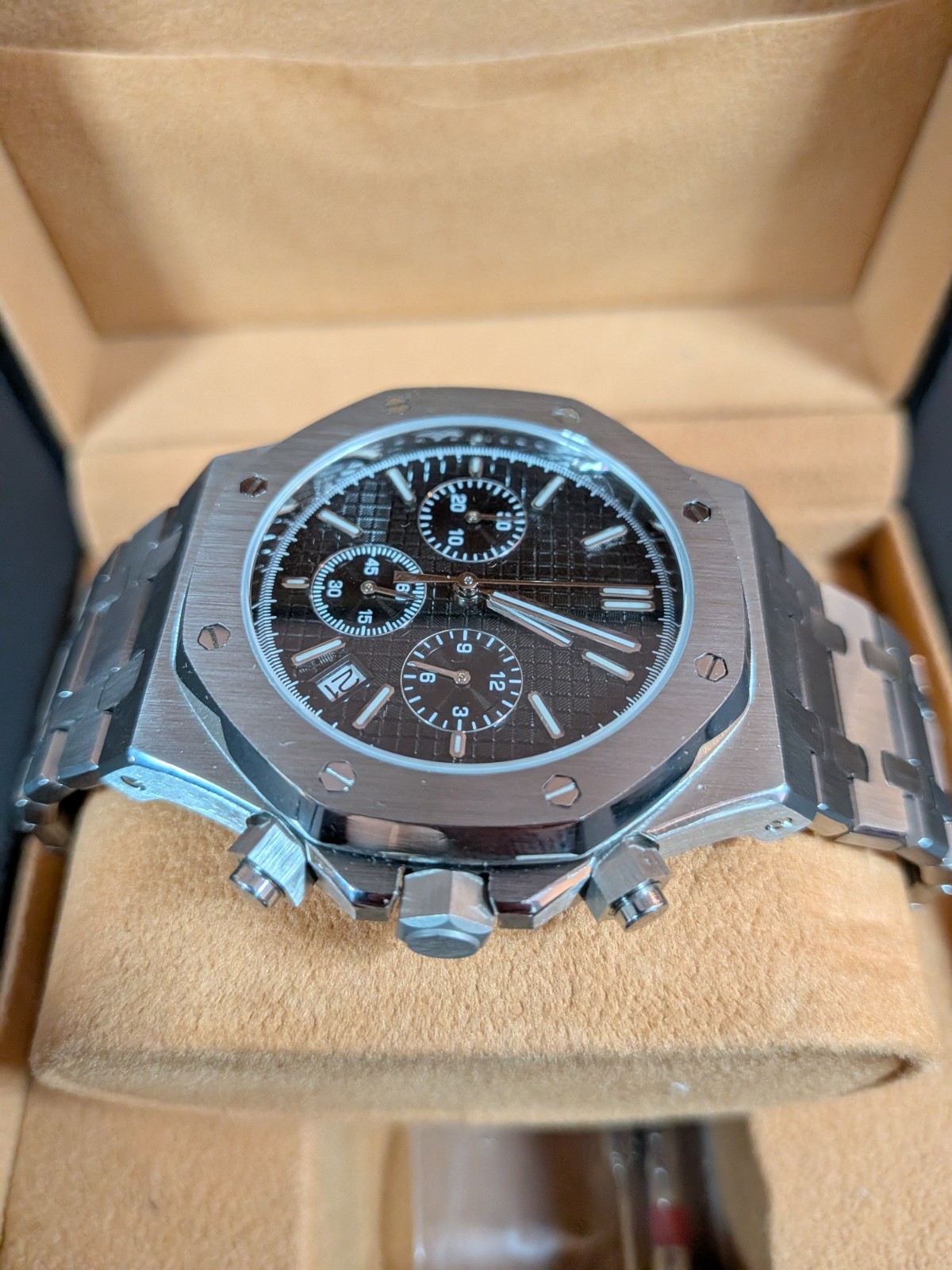 Moddy’s Chronograph Stainless Steel Octagon Wristwatch Black Dial Silver