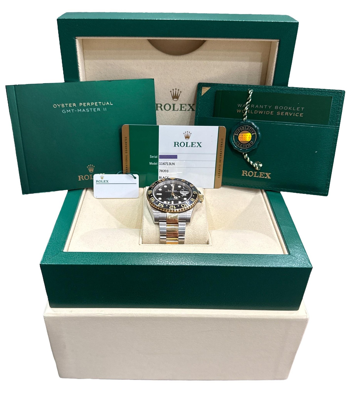 2018 PAPERS Rolex GMT-Master II BLACK Ceramic 18K Gold Steel 40mm 116713 LN BOX