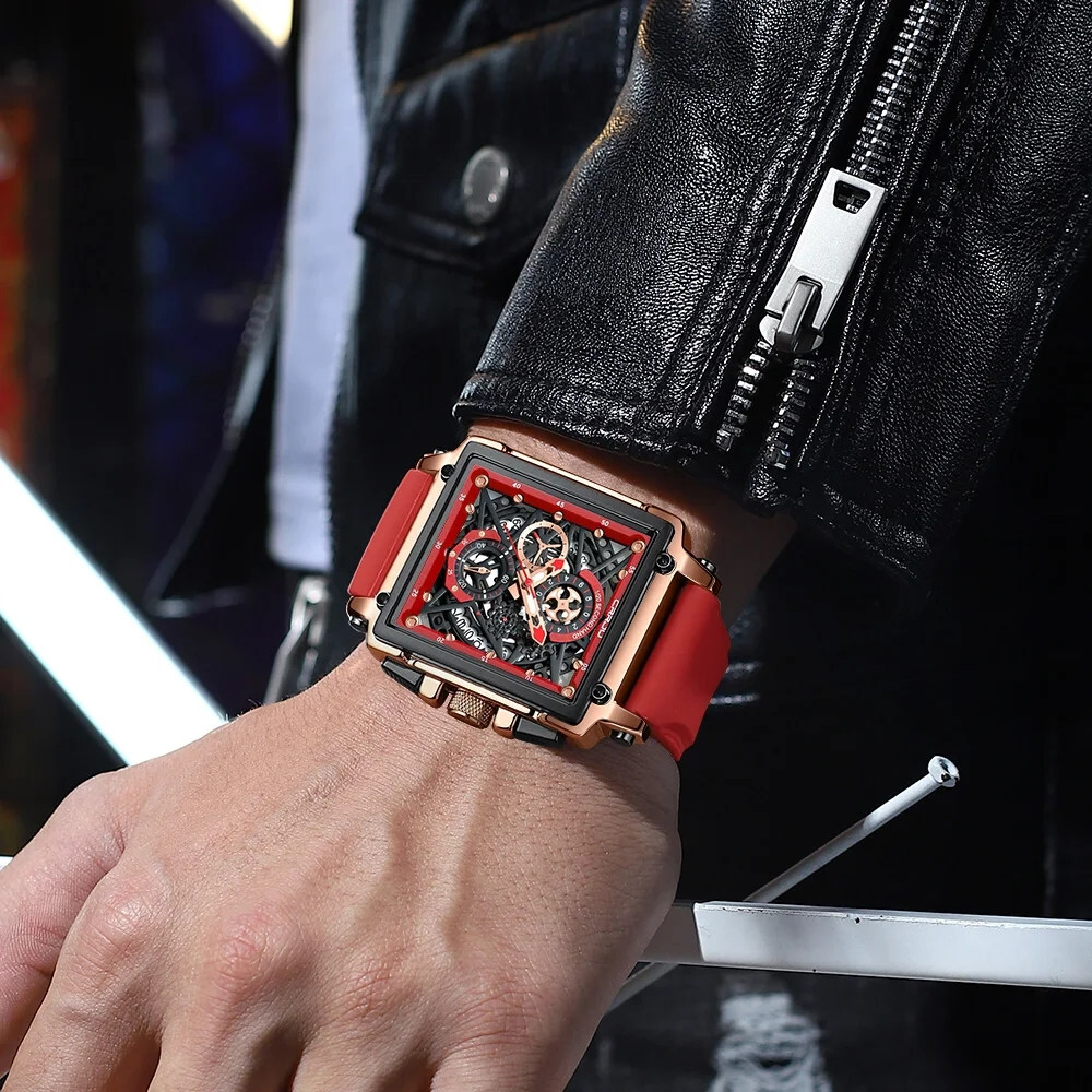 CRRJU Men Watch Luxury Brand Wristwatch Red Strap Male Rectangle Sport Watches
