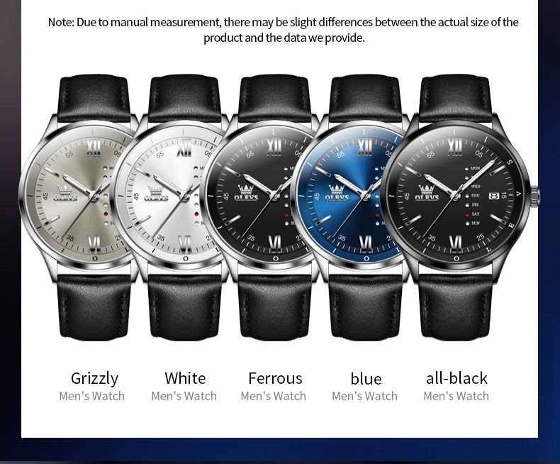 OLEVS Leather Band Quartz Men’s Wrist Watch Day Date Luminous Hands Waterproof