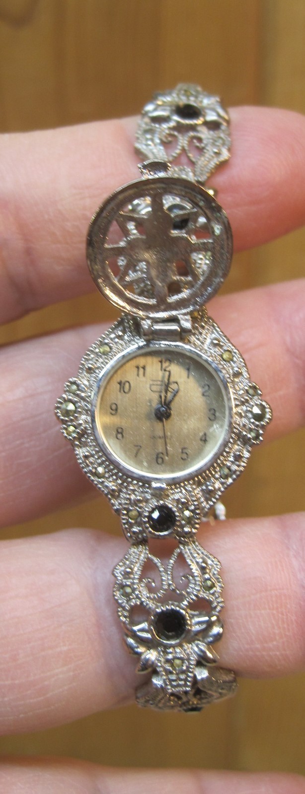 EKO Peek-A-Boo Hidden Face Watch – Marcasite & Onyx B8562
