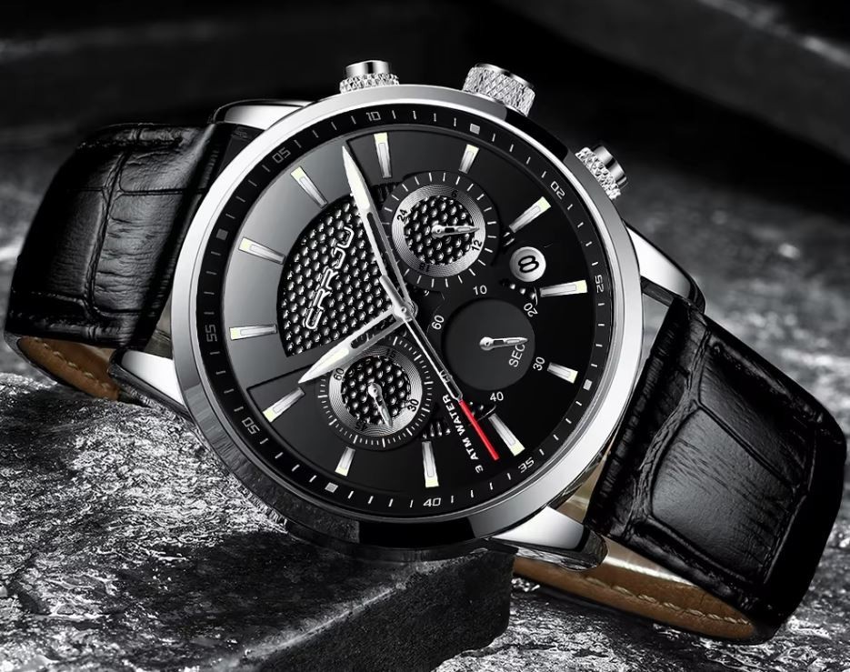 CRRJU 2212L Japanese Quartz Movement Chronograph Watch Black Face Leather Strap