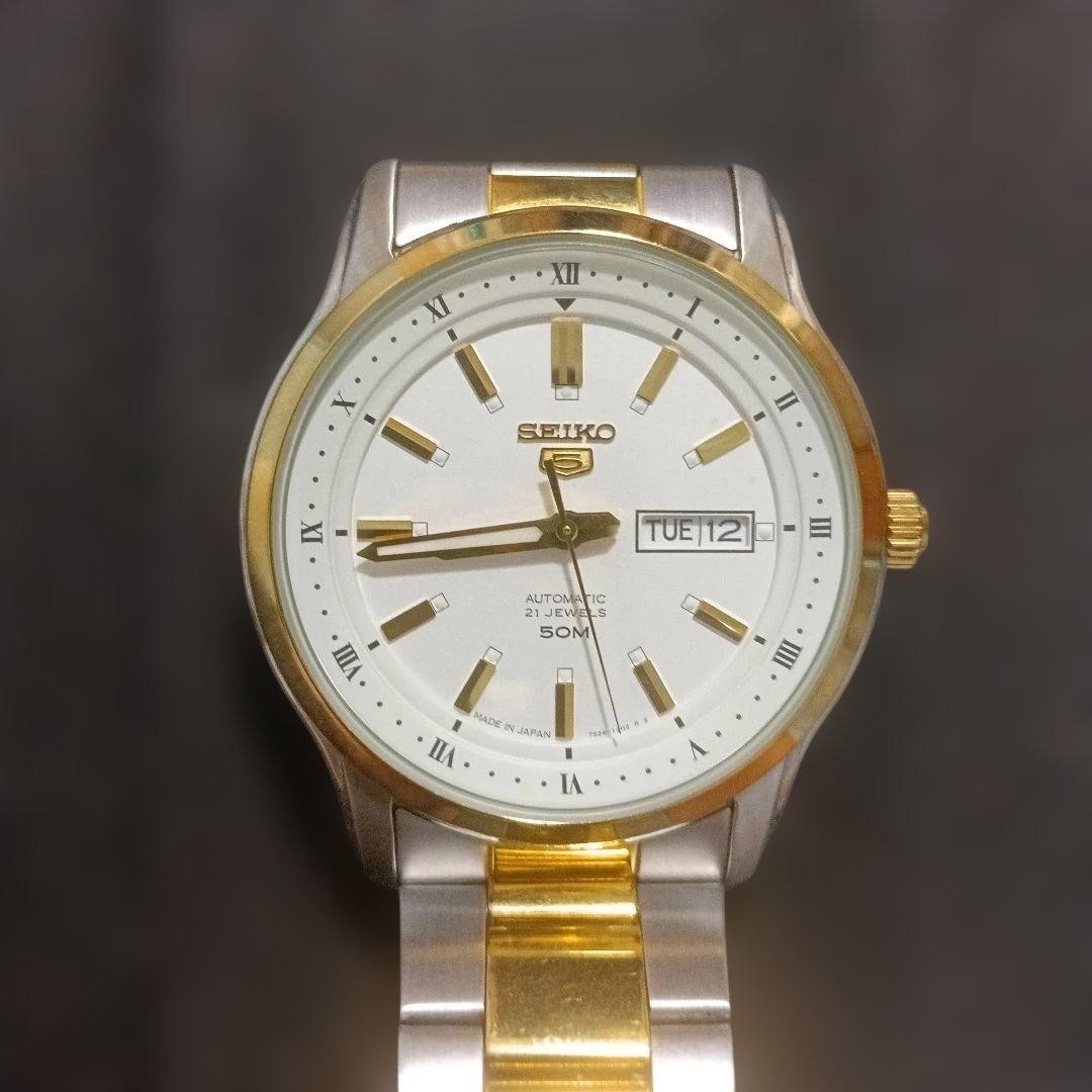 SEIKO5 made in Japan automatic wristwatch combo white gold silver