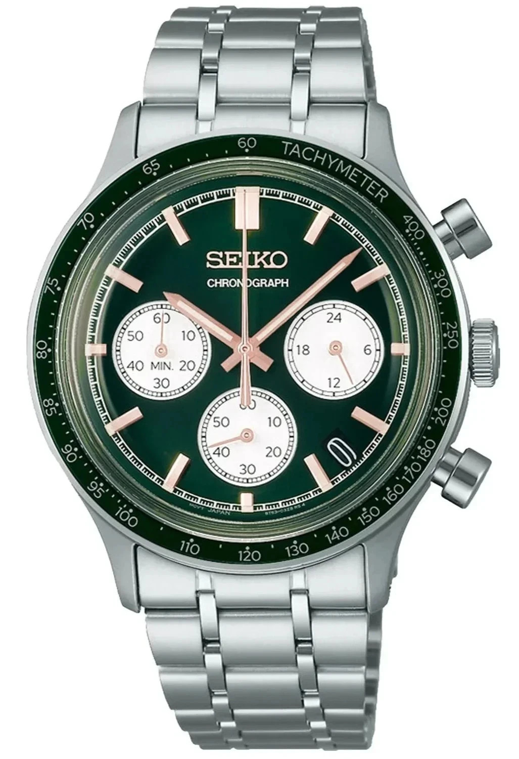 New Seiko SSB481 Chronograph Quartz Light Green Dial Watch Stainless Steel