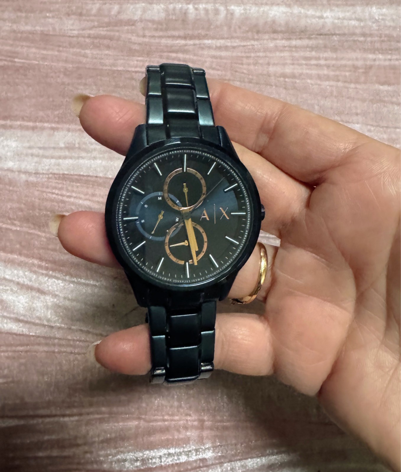 Armani Exchange blue and rose gold metal watch for men