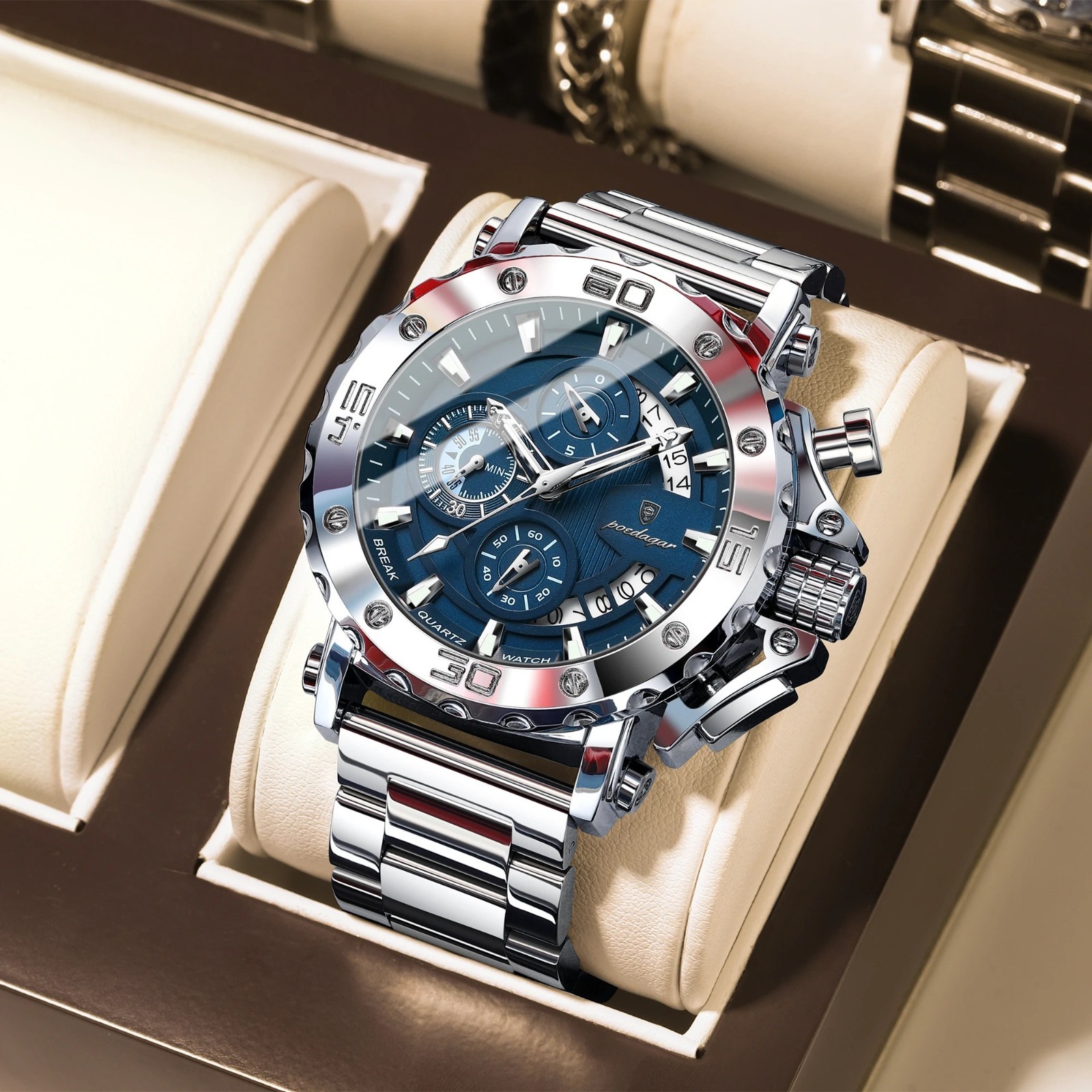 Silver Luxury Waterproof Numberless Calendar Stainless Steel Men Quartz Watches