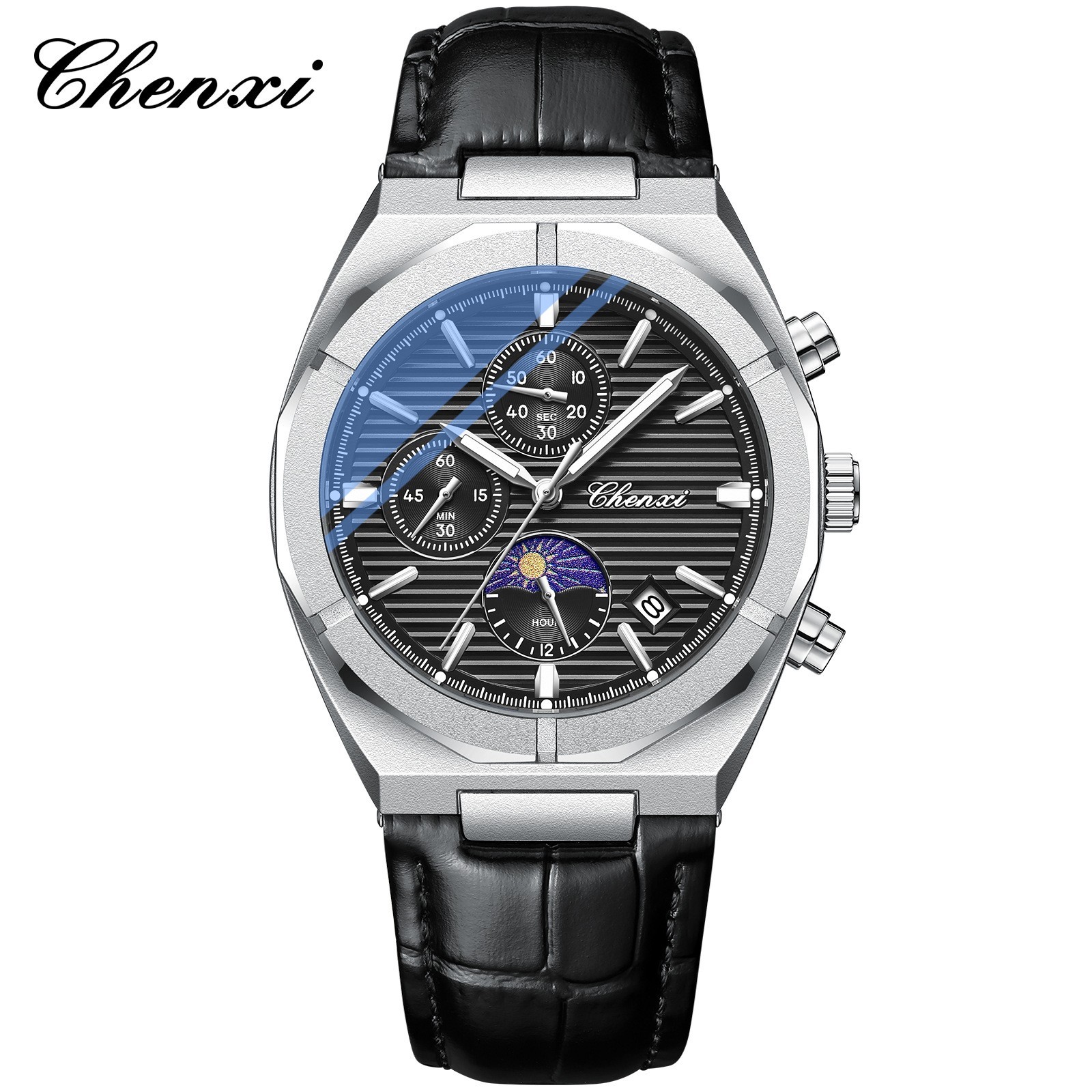 CHENXI Men’s Leather Chronograph Calendar Luminous Moon Phase Quartz Watch Gift