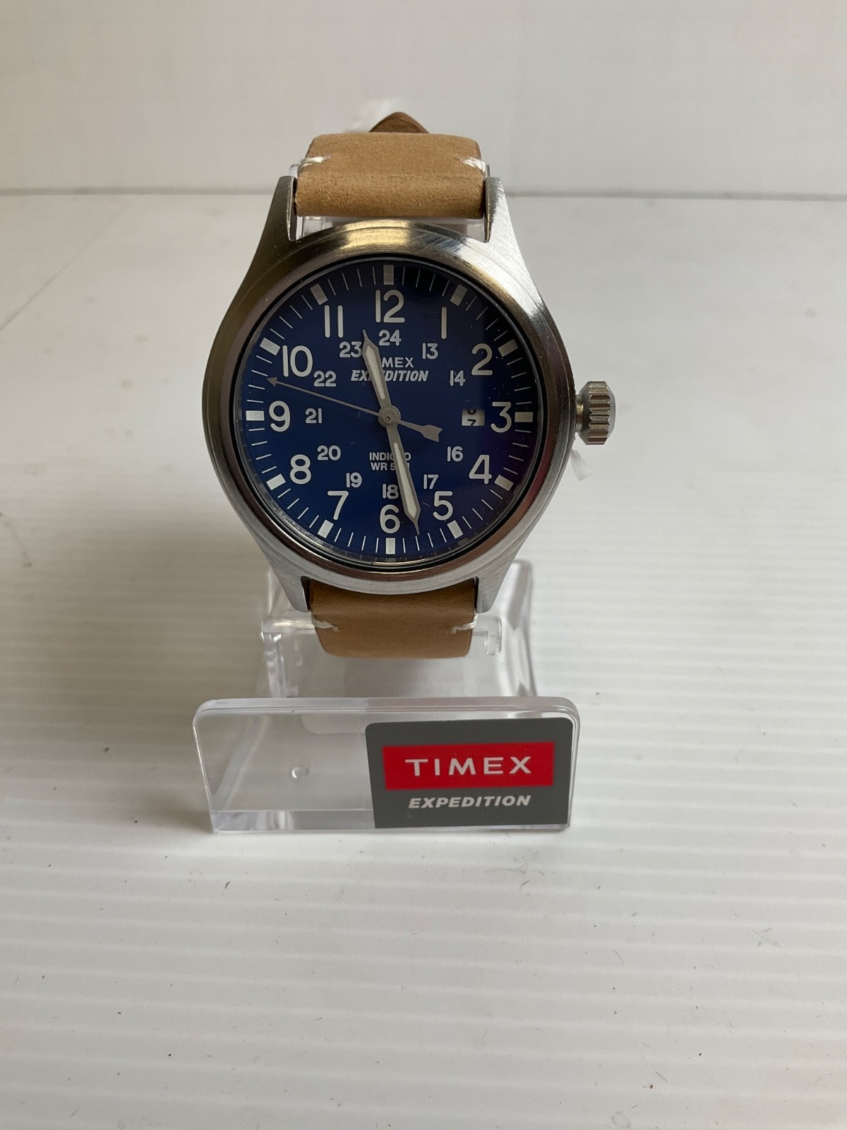 New Timex Expedition Scout 40mm Blue Dial Light Brown Strap Watch
