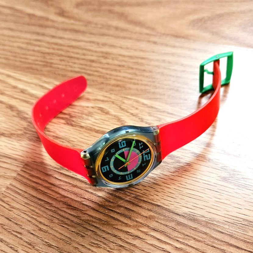 Vintage 80s Swatch Watch Gent GN103 Green Room 1989 Neon Pink Green