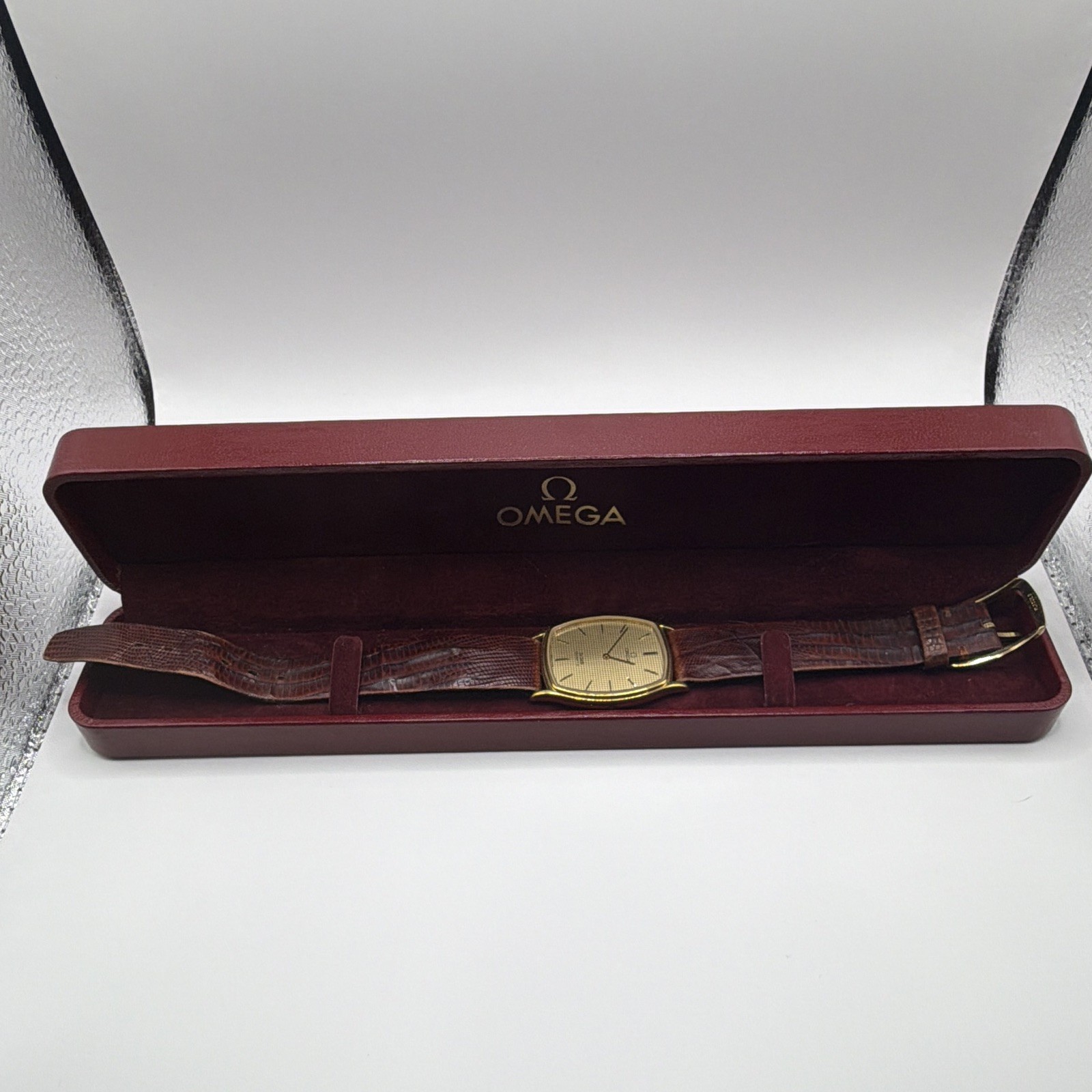 OMEGA De Ville Vintage Quartz Tonneau Gold Dial/Case Brown Leather Strap Box